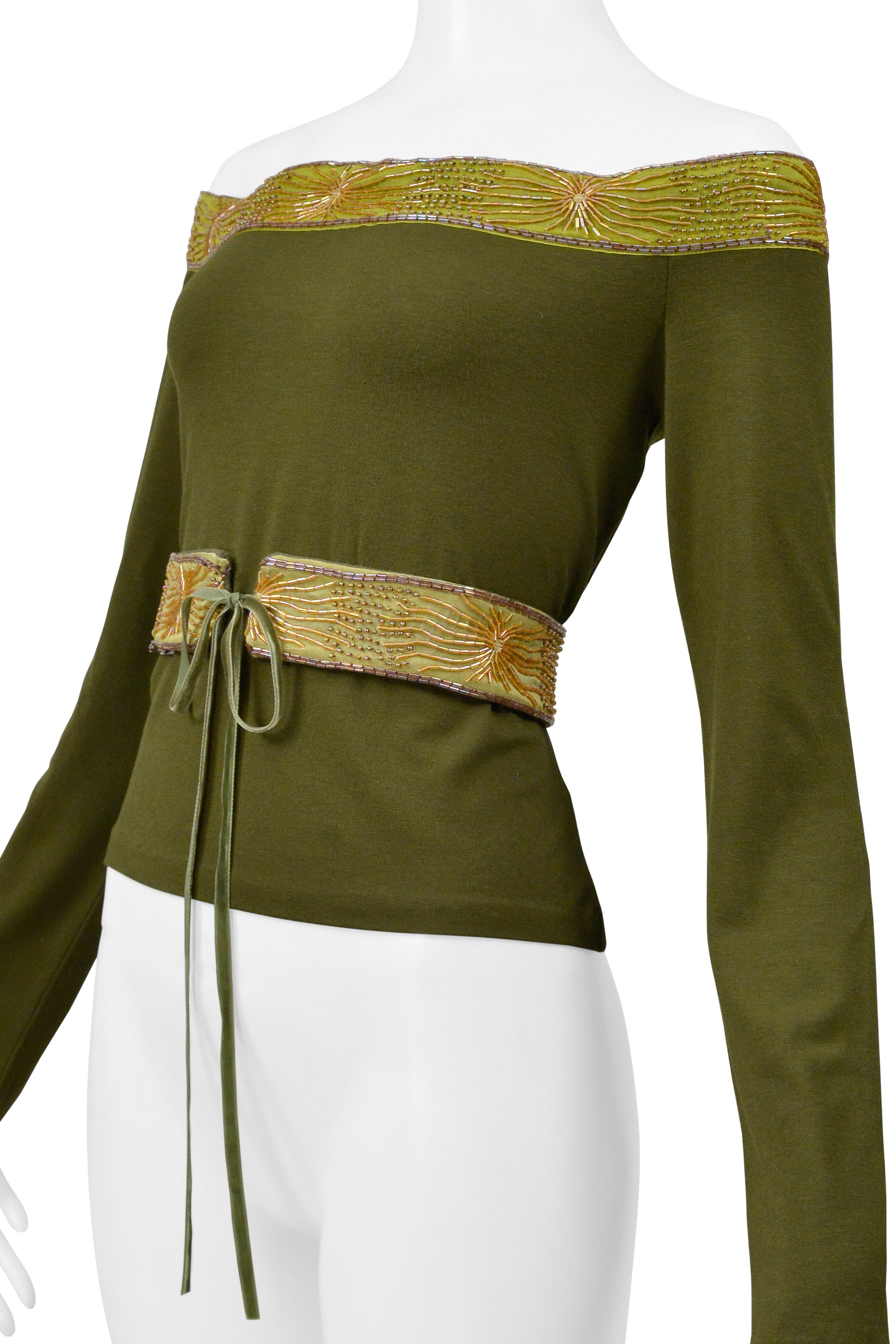 ROMEO GIGLI OLIVE GREEN LONG SLEEVE BEADED TOP WITH BELT