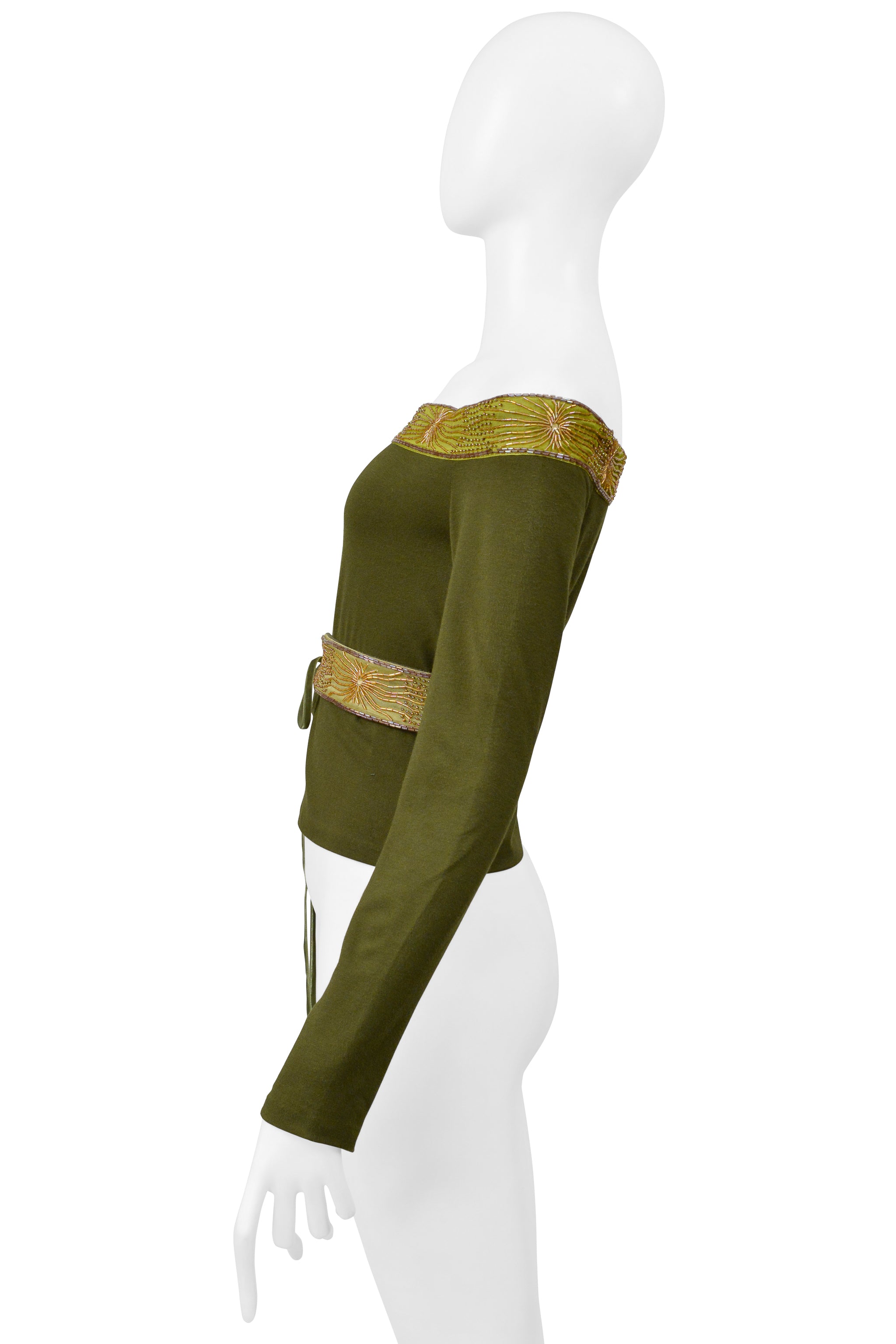 ROMEO GIGLI OLIVE GREEN LONG SLEEVE BEADED TOP WITH BELT