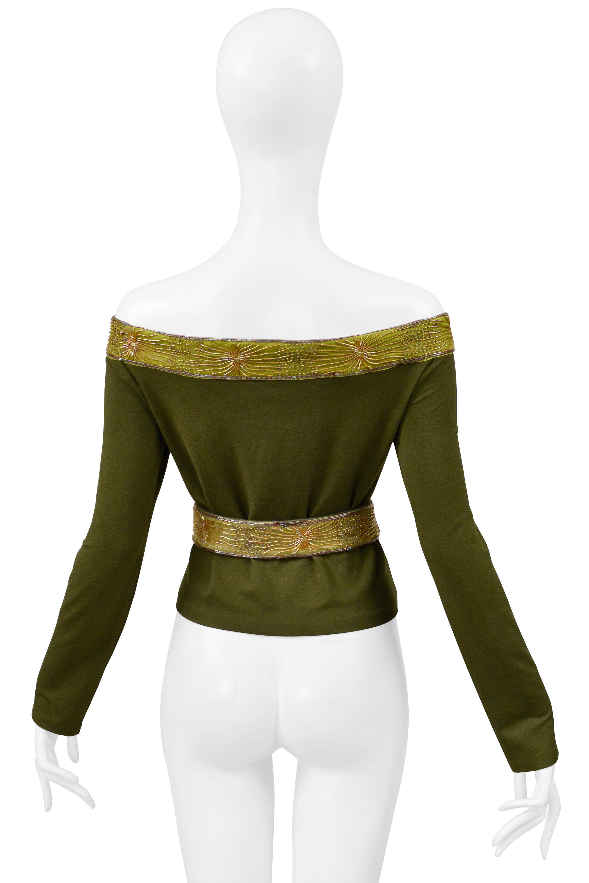 ROMEO GIGLI OLIVE GREEN LONG SLEEVE BEADED TOP WITH BELT