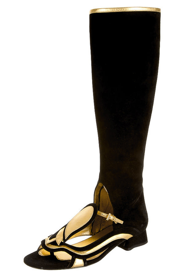 PRADA BLACK SUEDE & GOLD LEATHER FAIRY BOOTS WITH TULIPS 2008