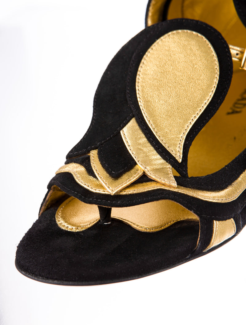 PRADA BLACK SUEDE & GOLD LEATHER FAIRY BOOTS WITH TULIPS 2008