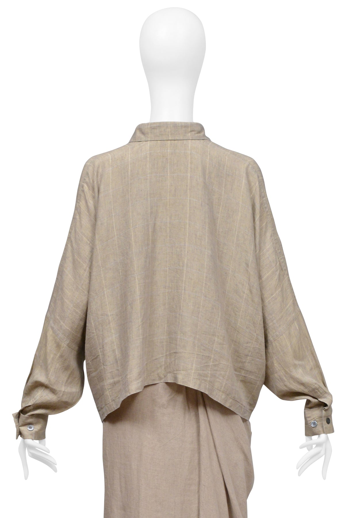 SHIRIN GUILD BEIGE LINEN CHECKERED TOP AND DRAPED SKIRT ENSEMBLE 2000