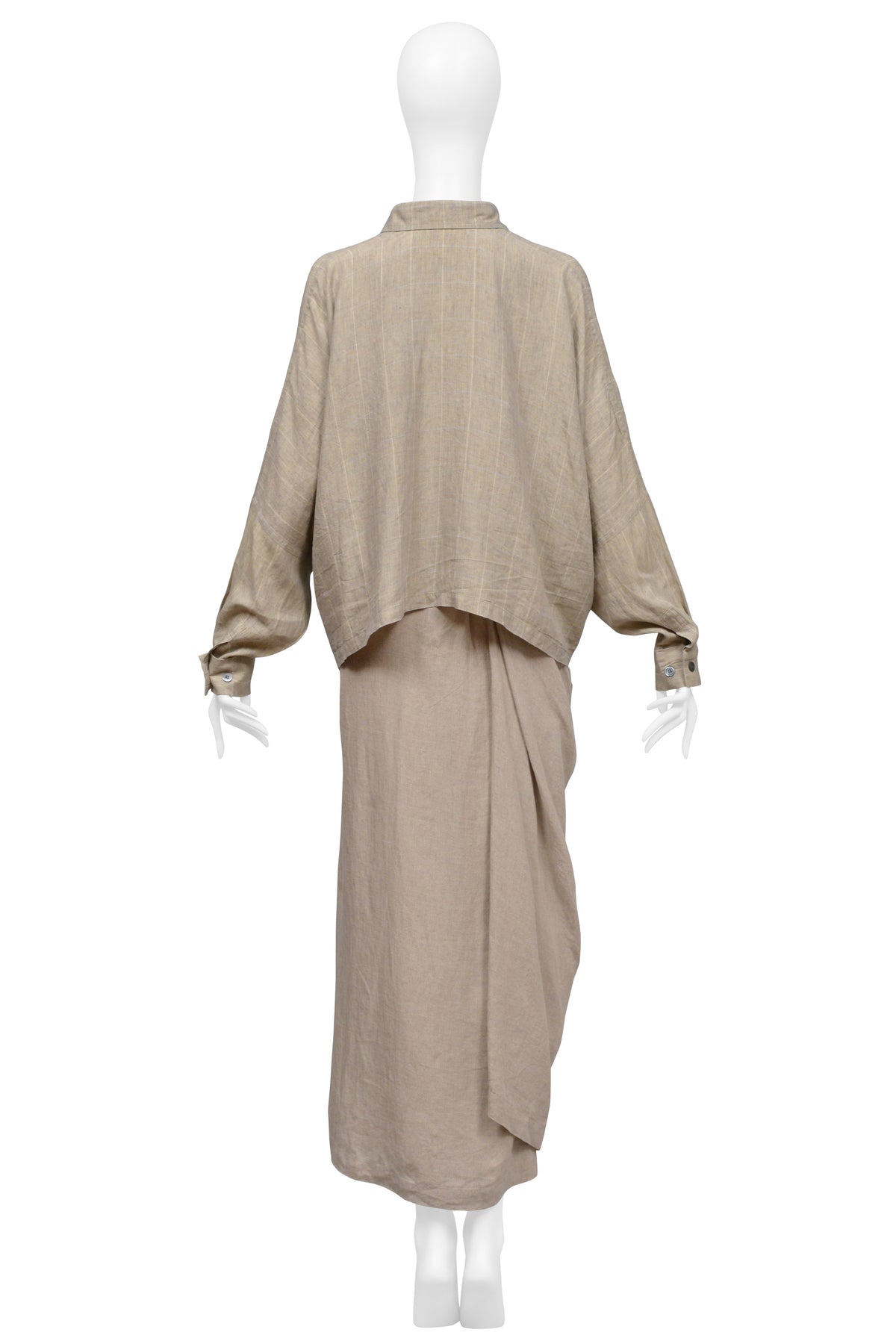 SHIRIN GUILD BEIGE LINEN CHECKERED TOP AND DRAPED SKIRT ENSEMBLE 2000