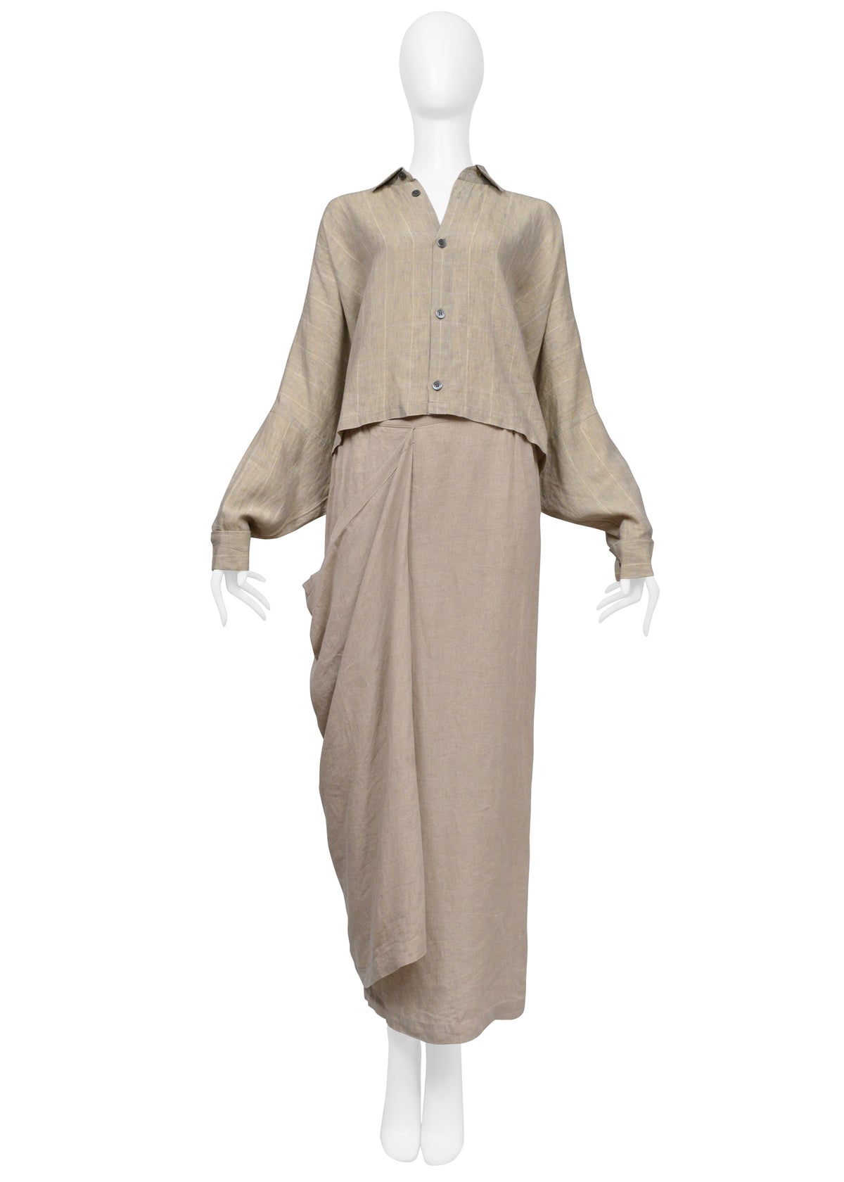 SHIRIN GUILD BEIGE LINEN CHECKERED TOP AND DRAPED SKIRT ENSEMBLE 2000