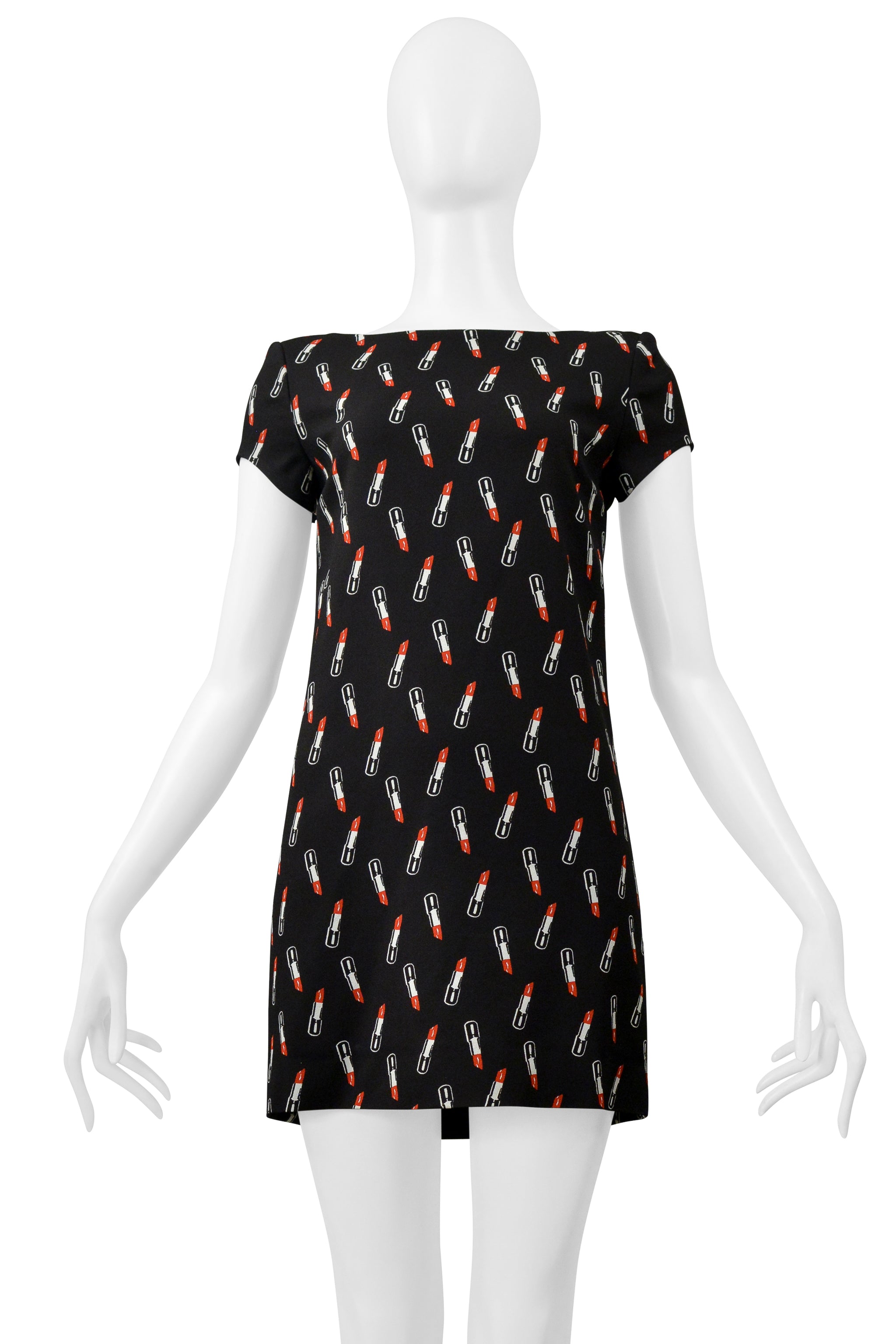 SAINT LAURENT PARIS BY HEDI SLIMANE BLACK MINI DRESS WITH LIPSTICK PRINT 2015