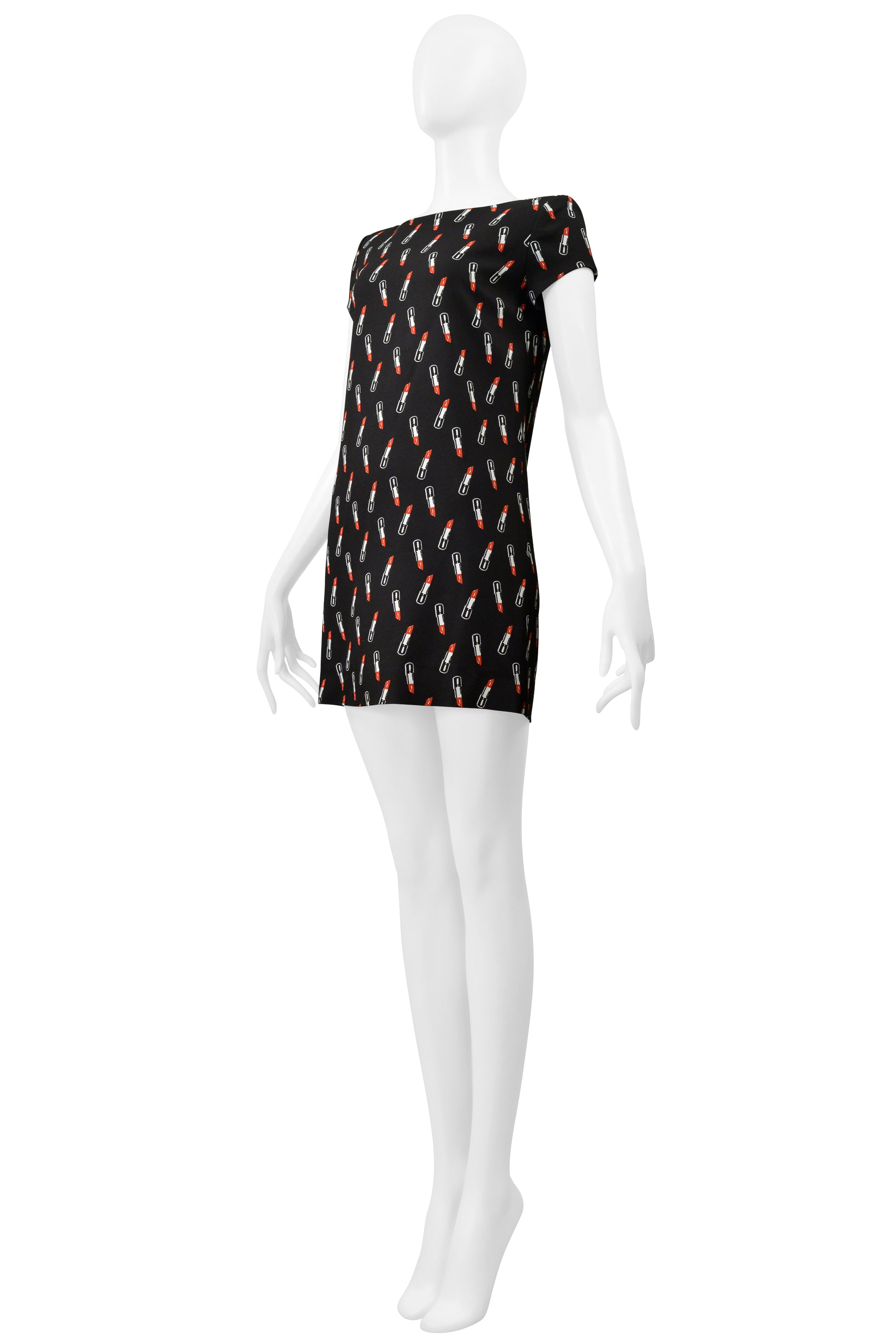 SAINT LAURENT PARIS BY HEDI SLIMANE BLACK MINI DRESS WITH LIPSTICK PRINT 2015