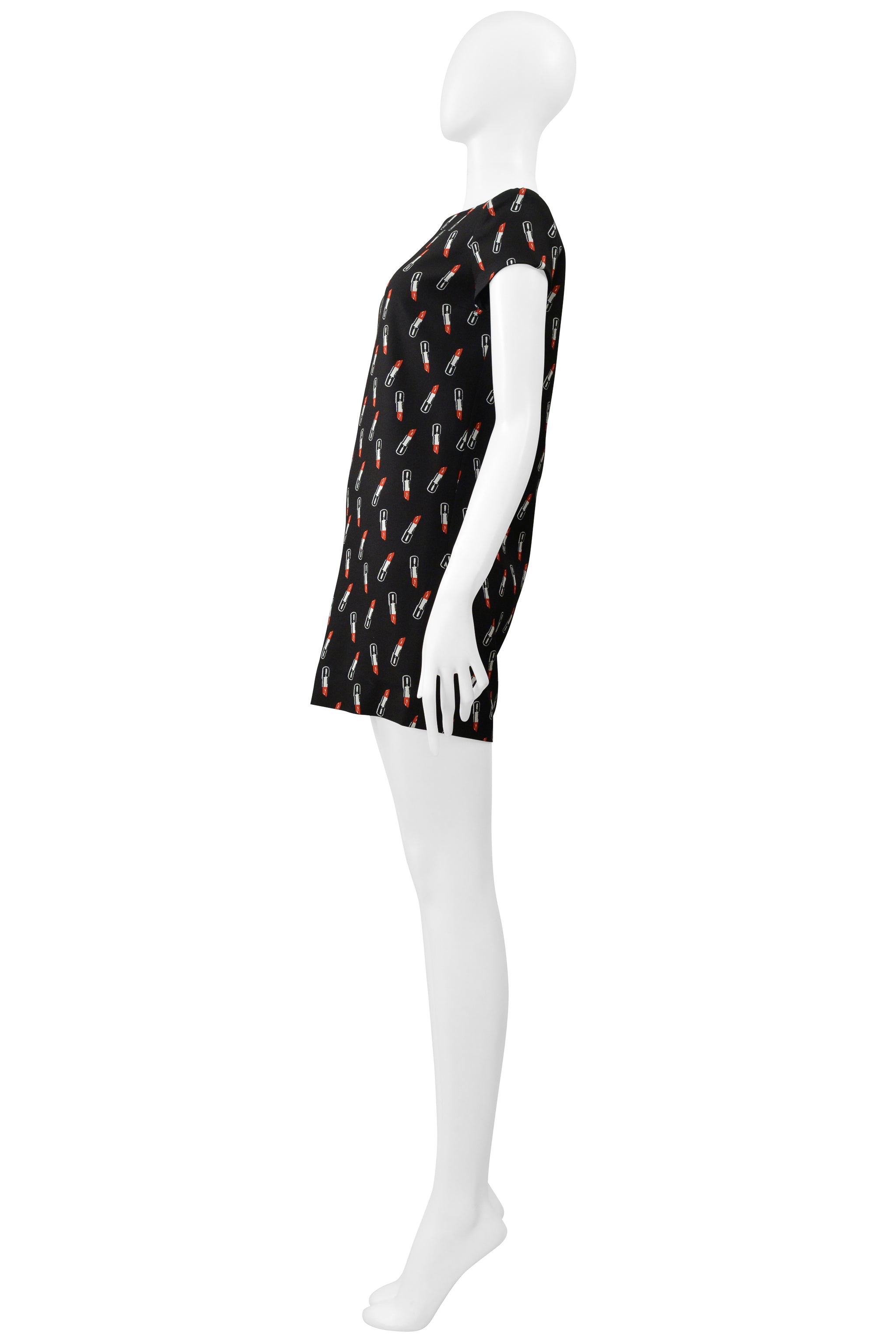 SAINT LAURENT PARIS BY HEDI SLIMANE BLACK MINI DRESS WITH LIPSTICK PRINT 2015