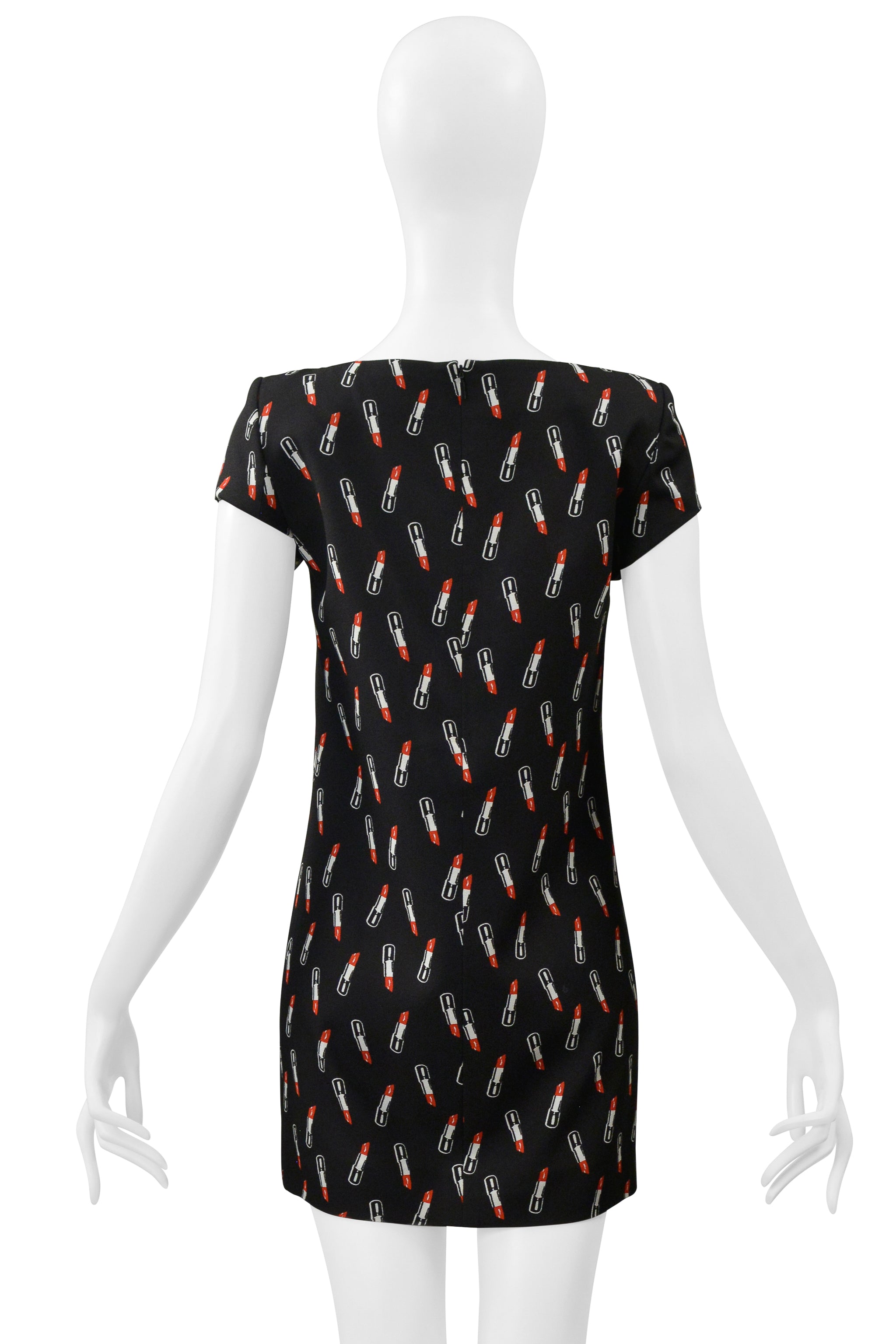 SAINT LAURENT PARIS BY HEDI SLIMANE BLACK MINI DRESS WITH LIPSTICK PRINT 2015