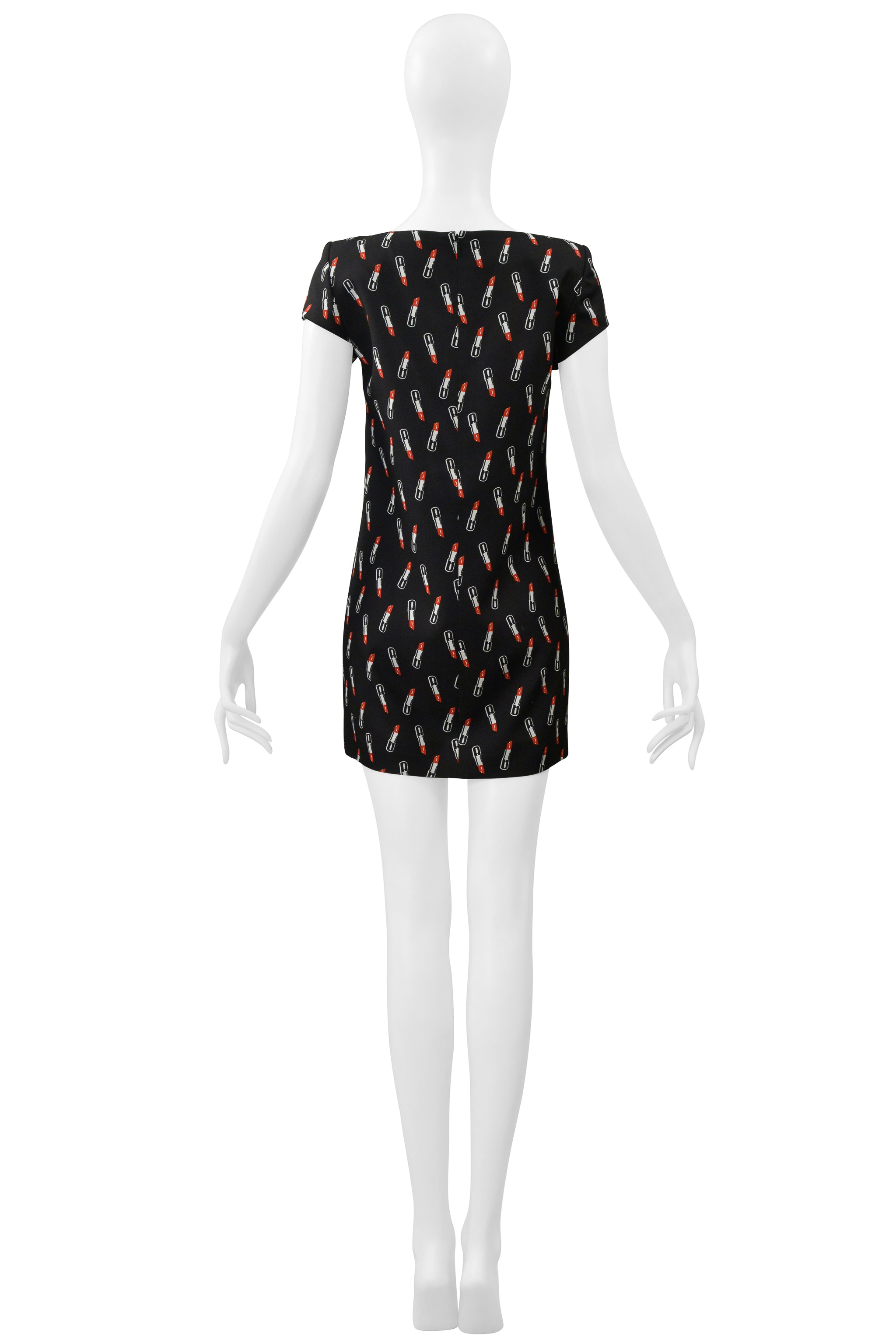 SAINT LAURENT PARIS BY HEDI SLIMANE BLACK MINI DRESS WITH LIPSTICK PRINT 2015