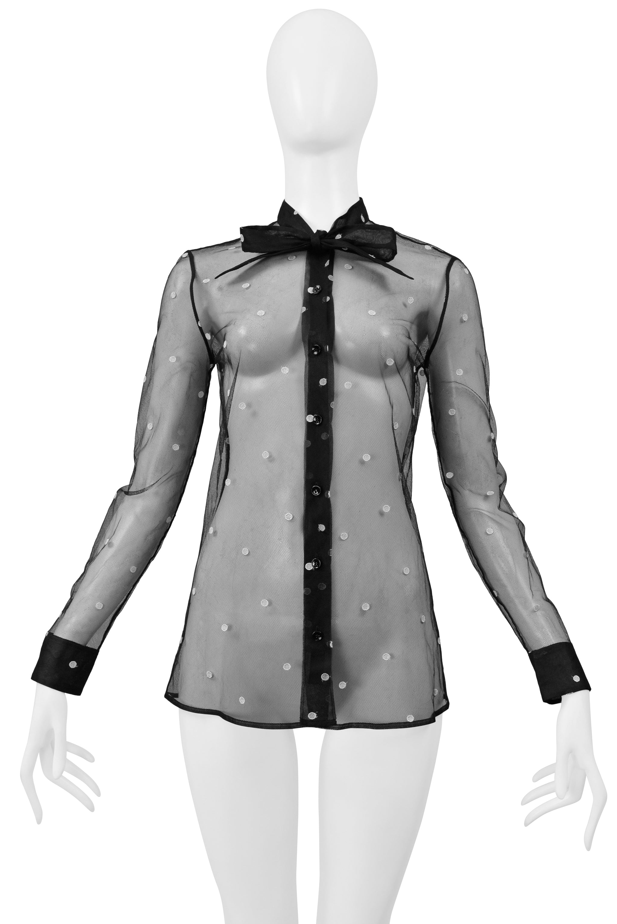 SAINT LAURENT PARIS BY HEDI SLIMANE BLACK MESH TOP WITH WHITE EMBROIDERED DOTS 2015