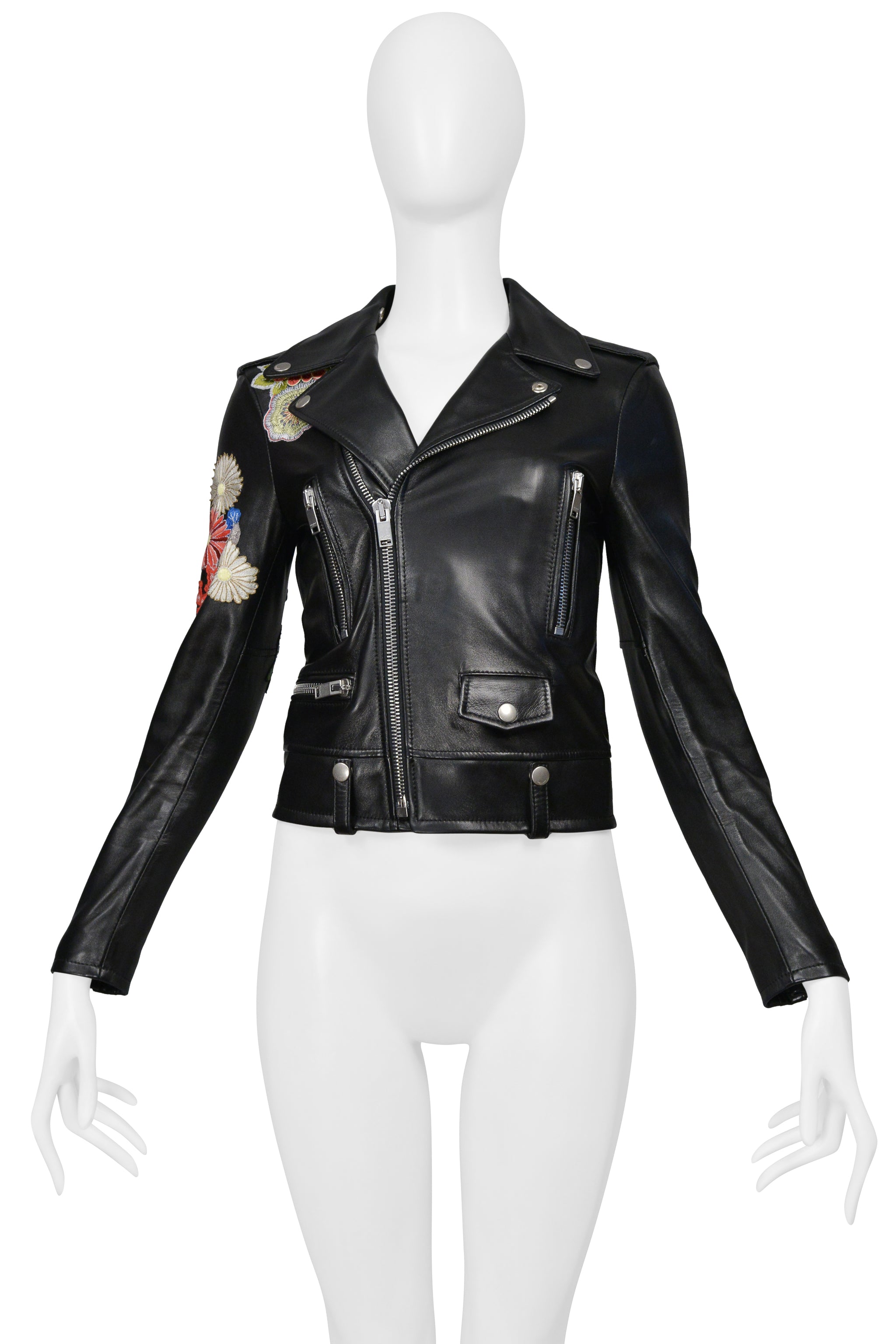 SAINT LAURENT PARIS BY HEDI SLIMANE BLACK LEATHER JACKET WITH FLOWERS 2016