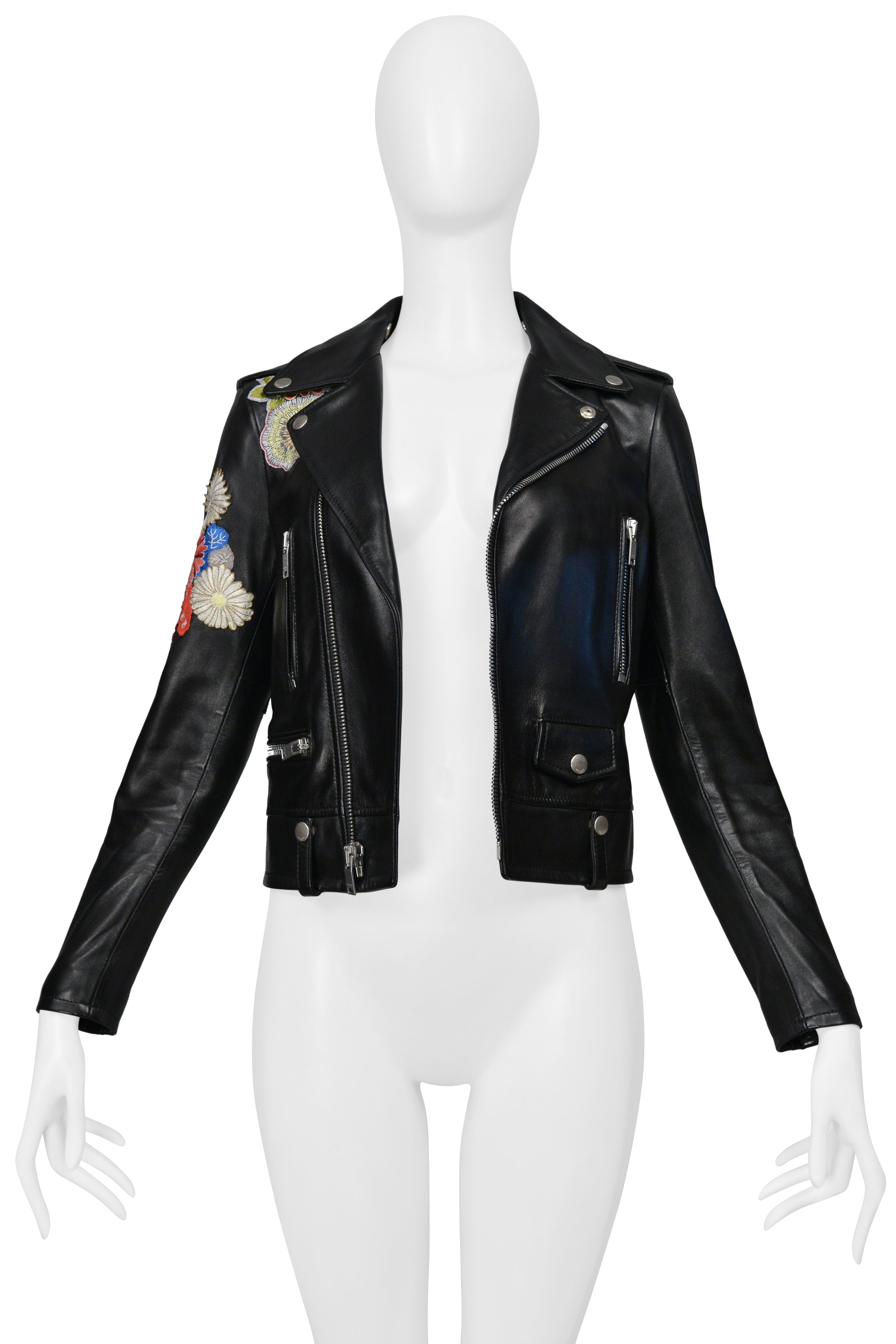 SAINT LAURENT PARIS BY HEDI SLIMANE BLACK LEATHER JACKET WITH FLOWERS 2016
