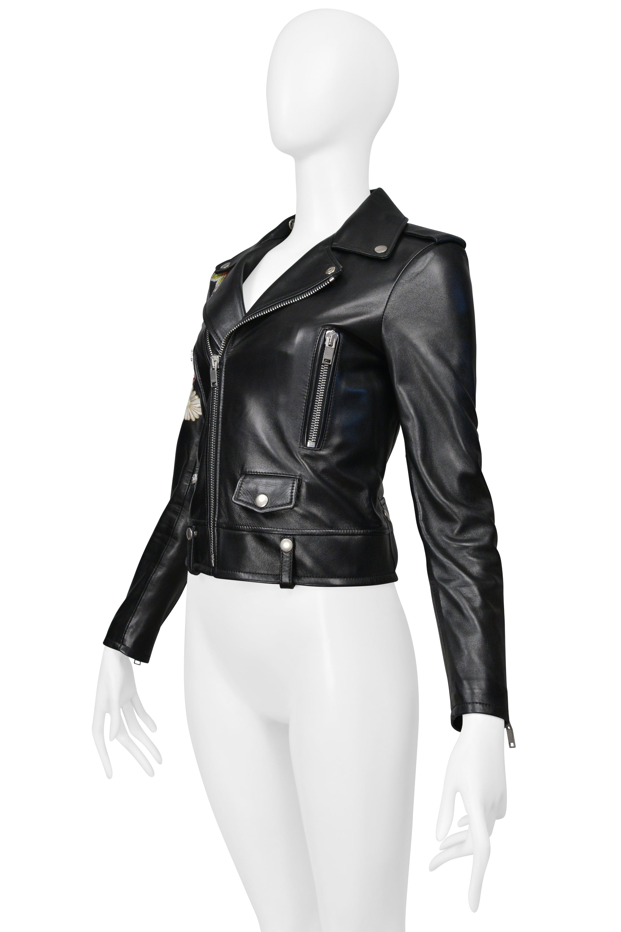 SAINT LAURENT PARIS BY HEDI SLIMANE BLACK LEATHER JACKET WITH FLOWERS 2016