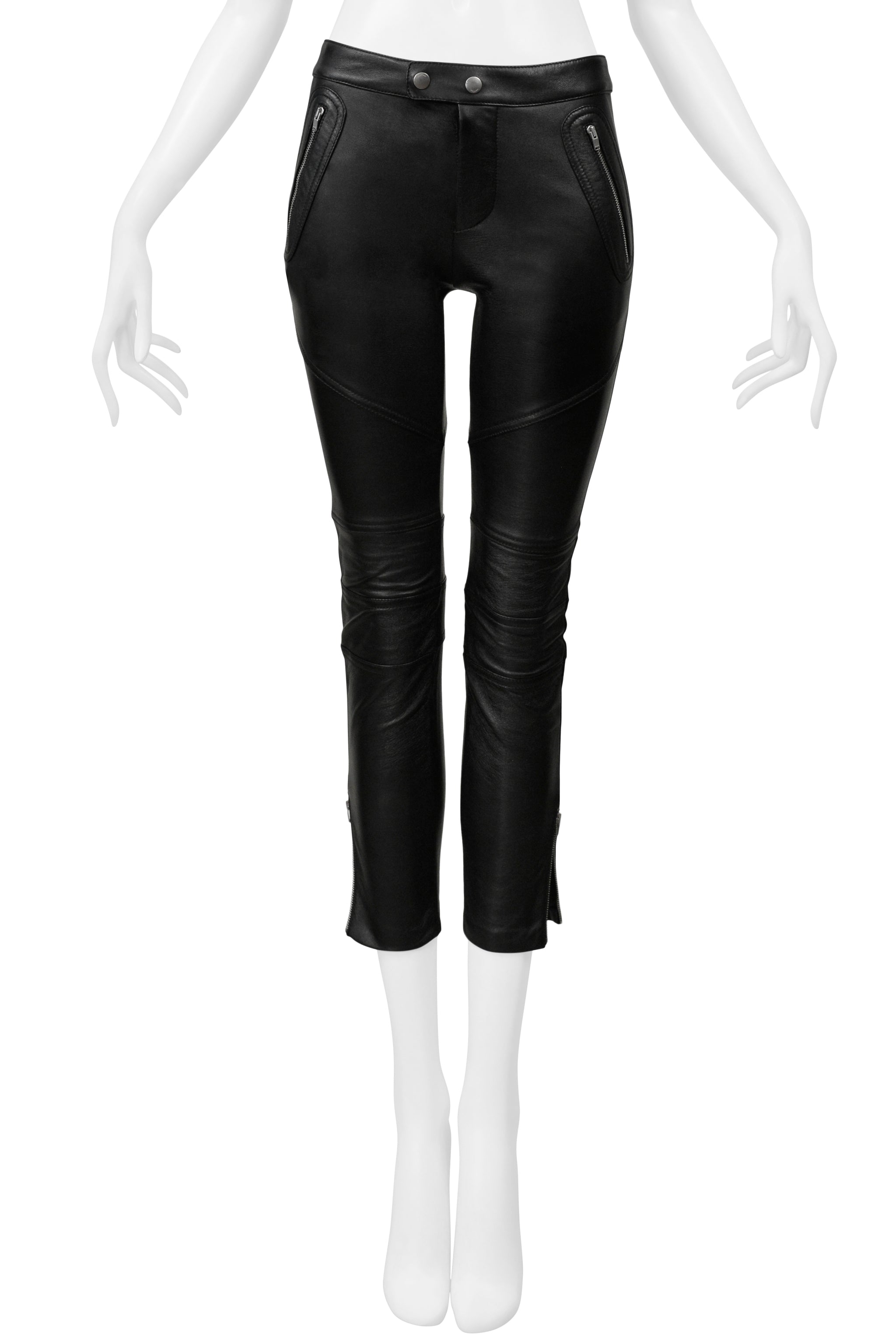 SAINT LAURENT PARIS BLACK LEATHER MOTO PANTS WITH ZIPPERS 2016