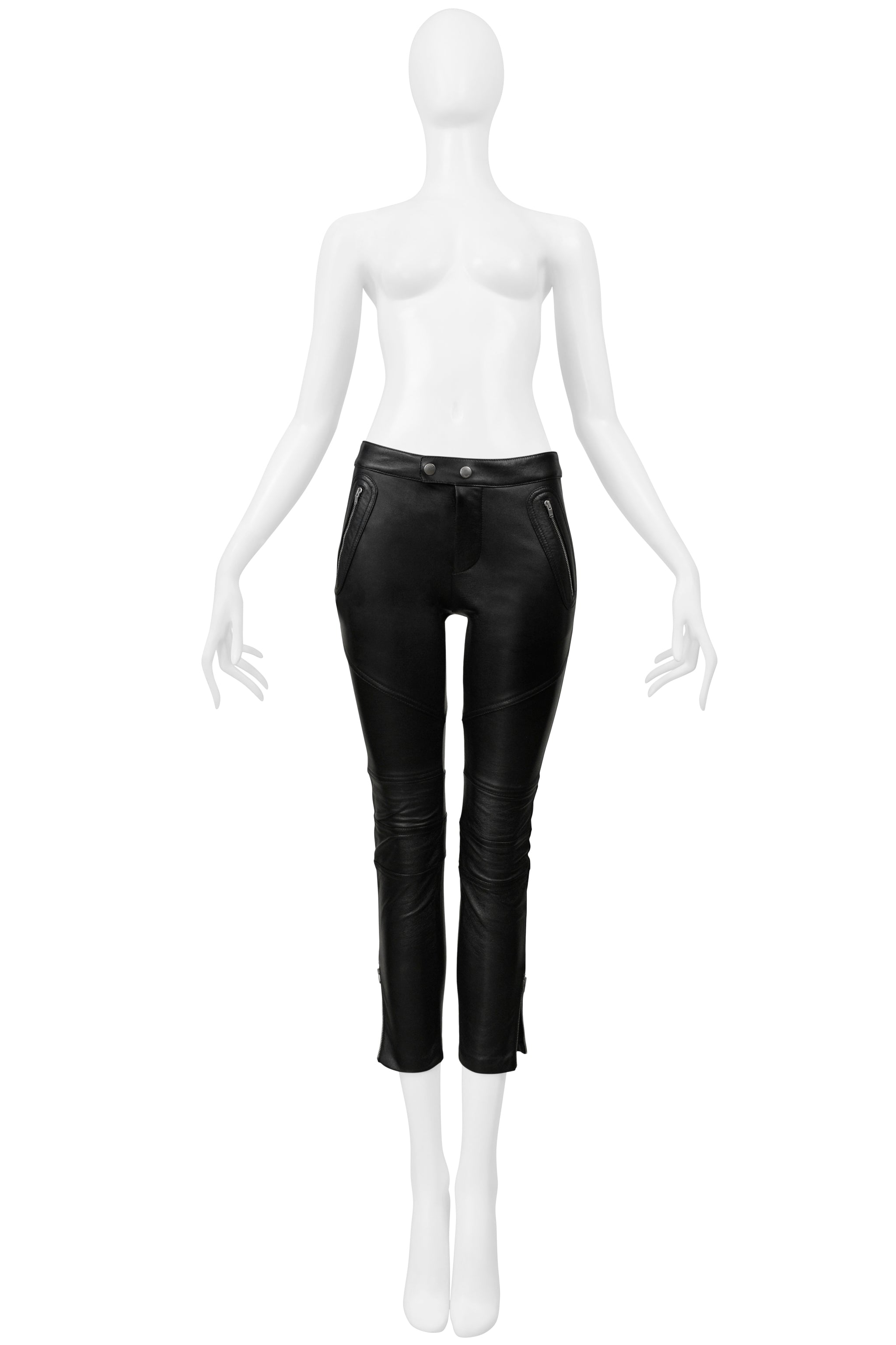 SAINT LAURENT PARIS BLACK LEATHER MOTO PANTS WITH ZIPPERS 2016