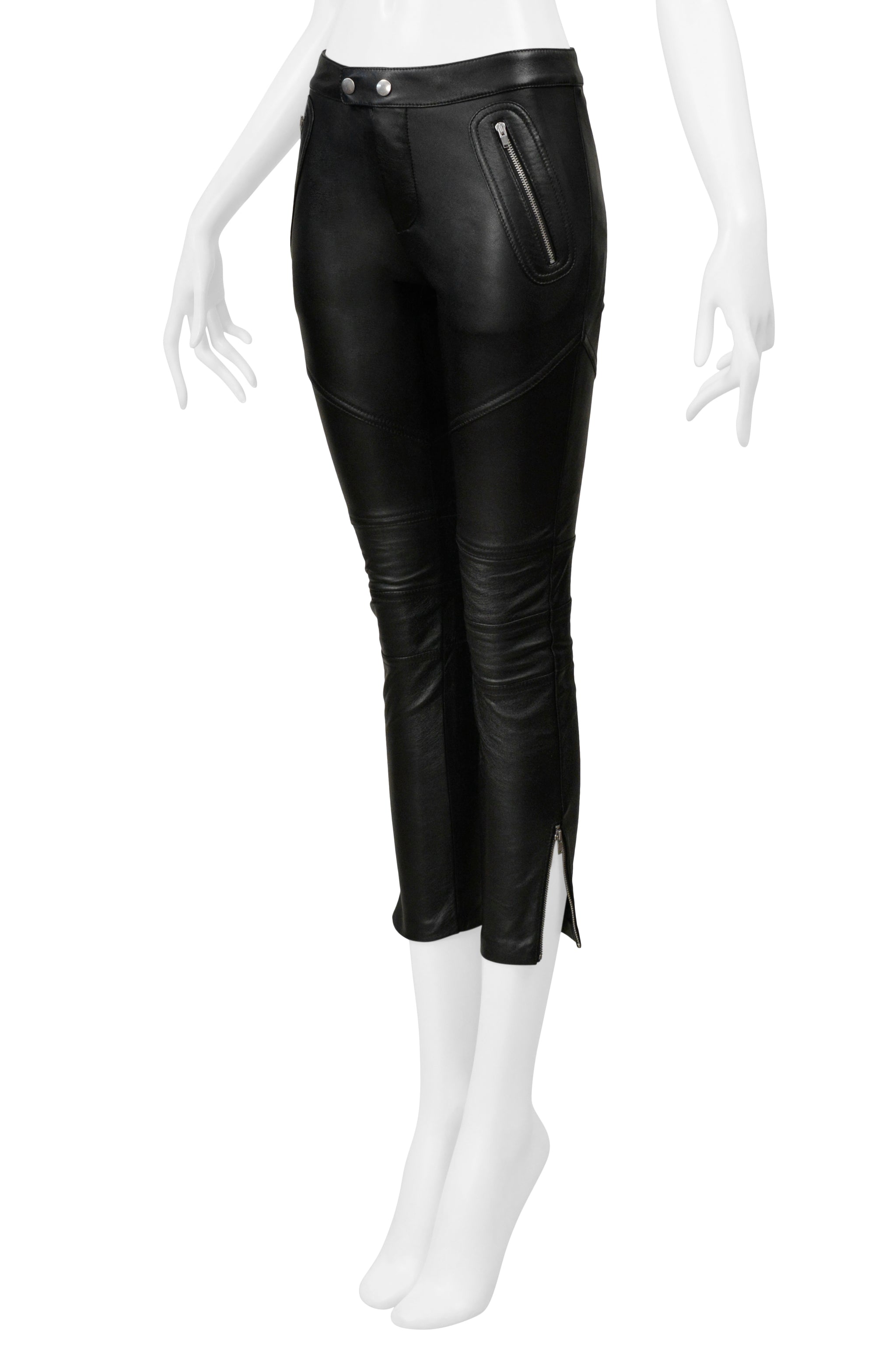 SAINT LAURENT PARIS BLACK LEATHER MOTO PANTS WITH ZIPPERS 2016