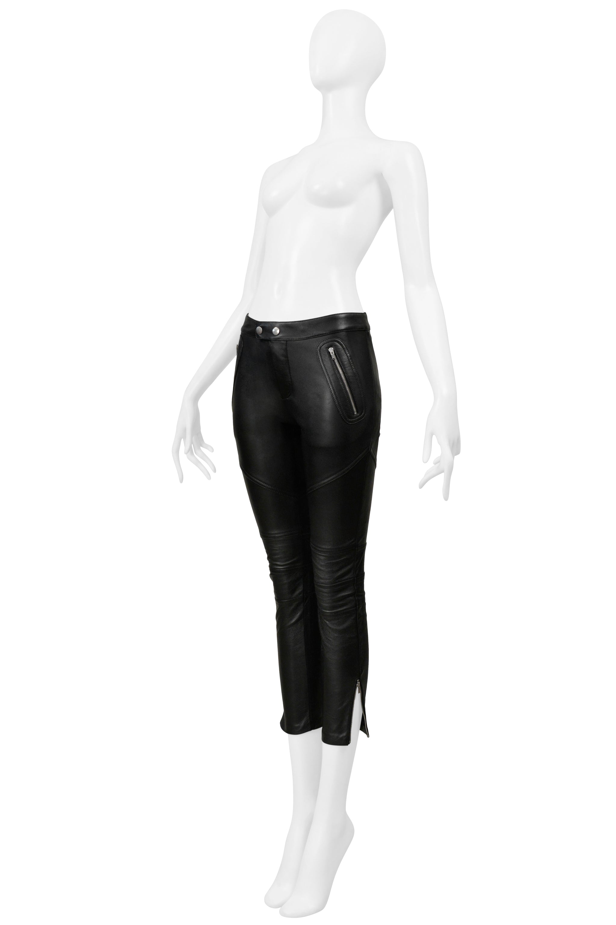 SAINT LAURENT PARIS BLACK LEATHER MOTO PANTS WITH ZIPPERS 2016