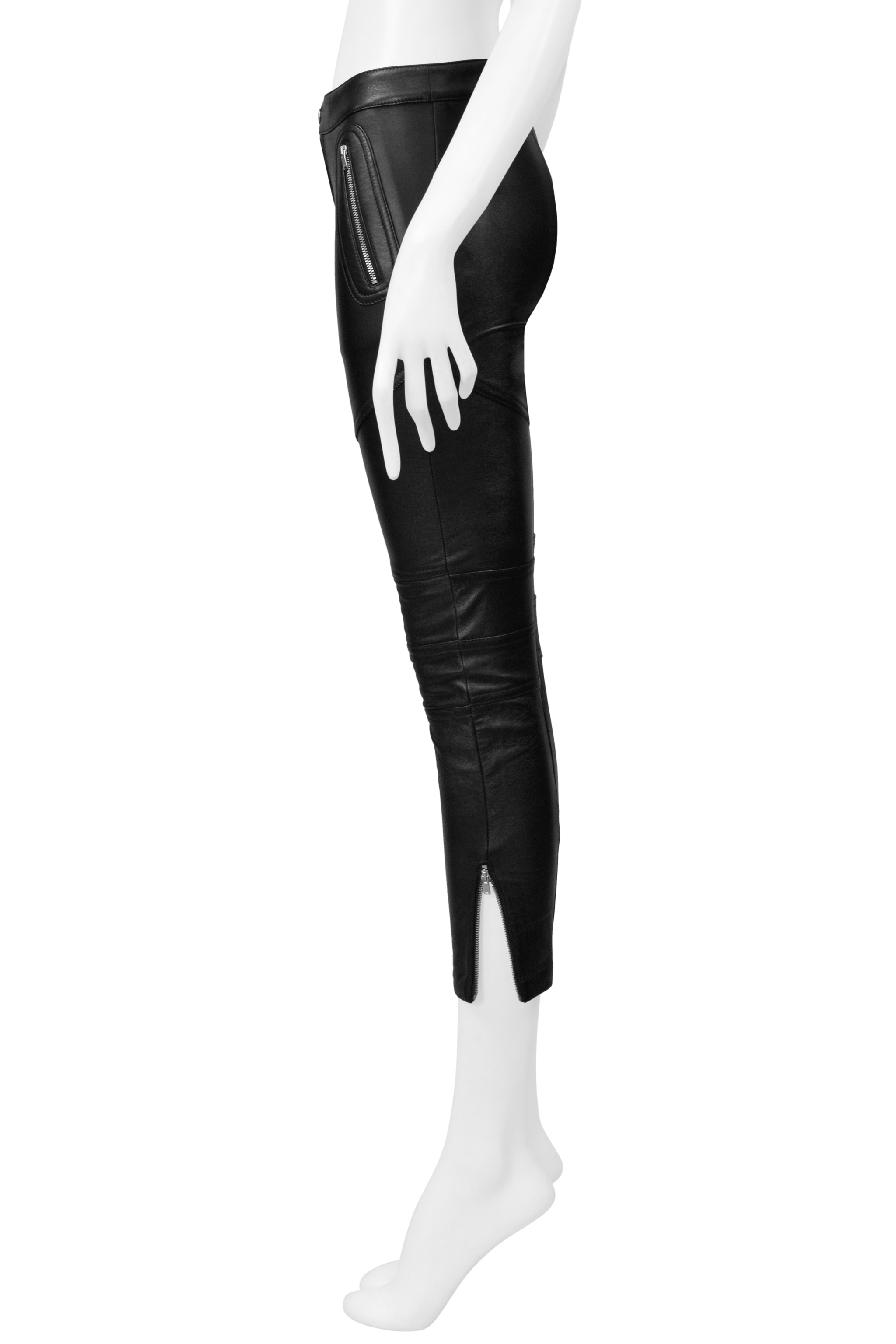 SAINT LAURENT PARIS BLACK LEATHER MOTO PANTS WITH ZIPPERS 2016