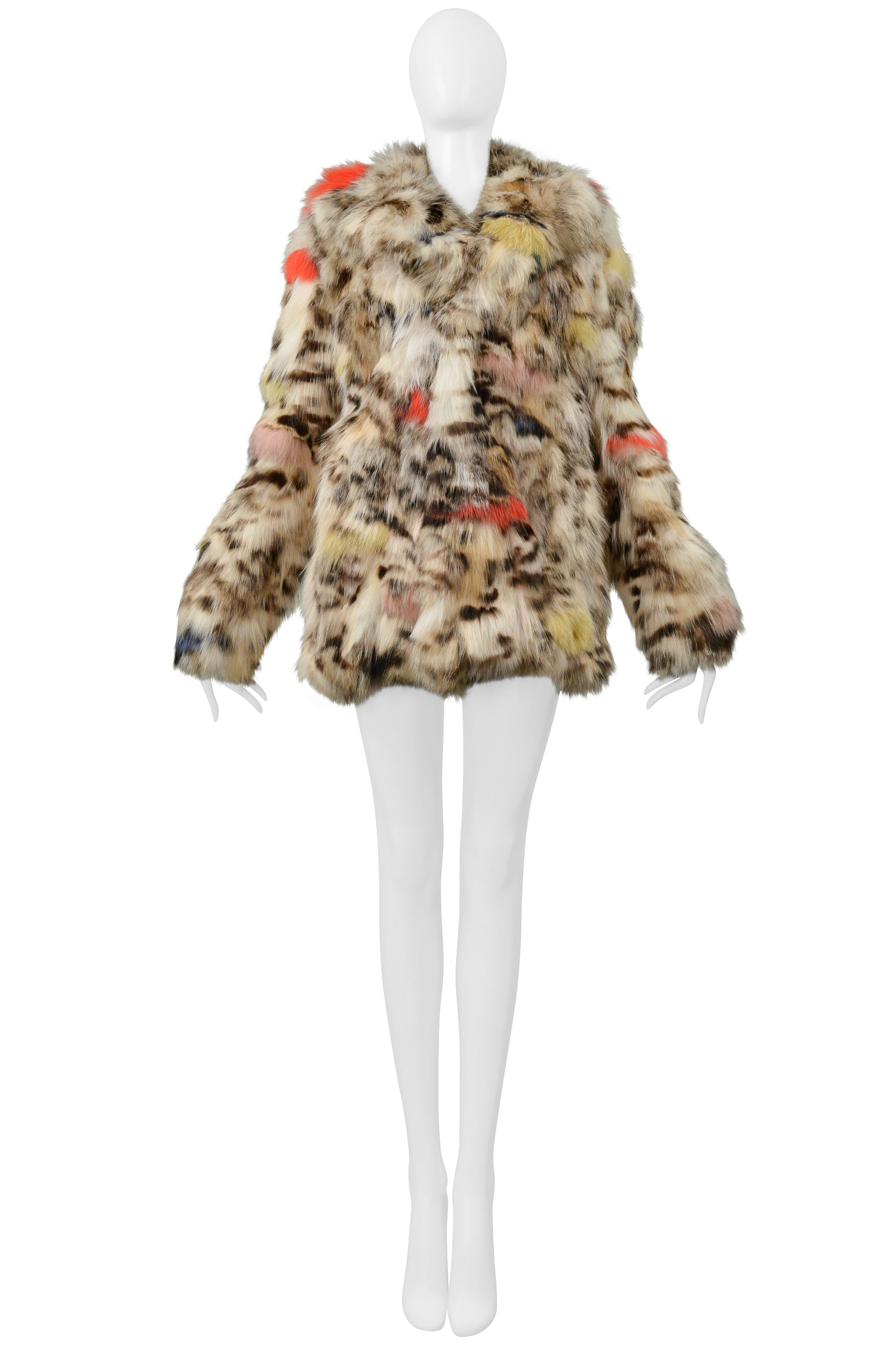 SAINT LAURENT PARIS WHITE & MULTICOLOR STENCILED FOX FUR CHUBBY COAT 2017