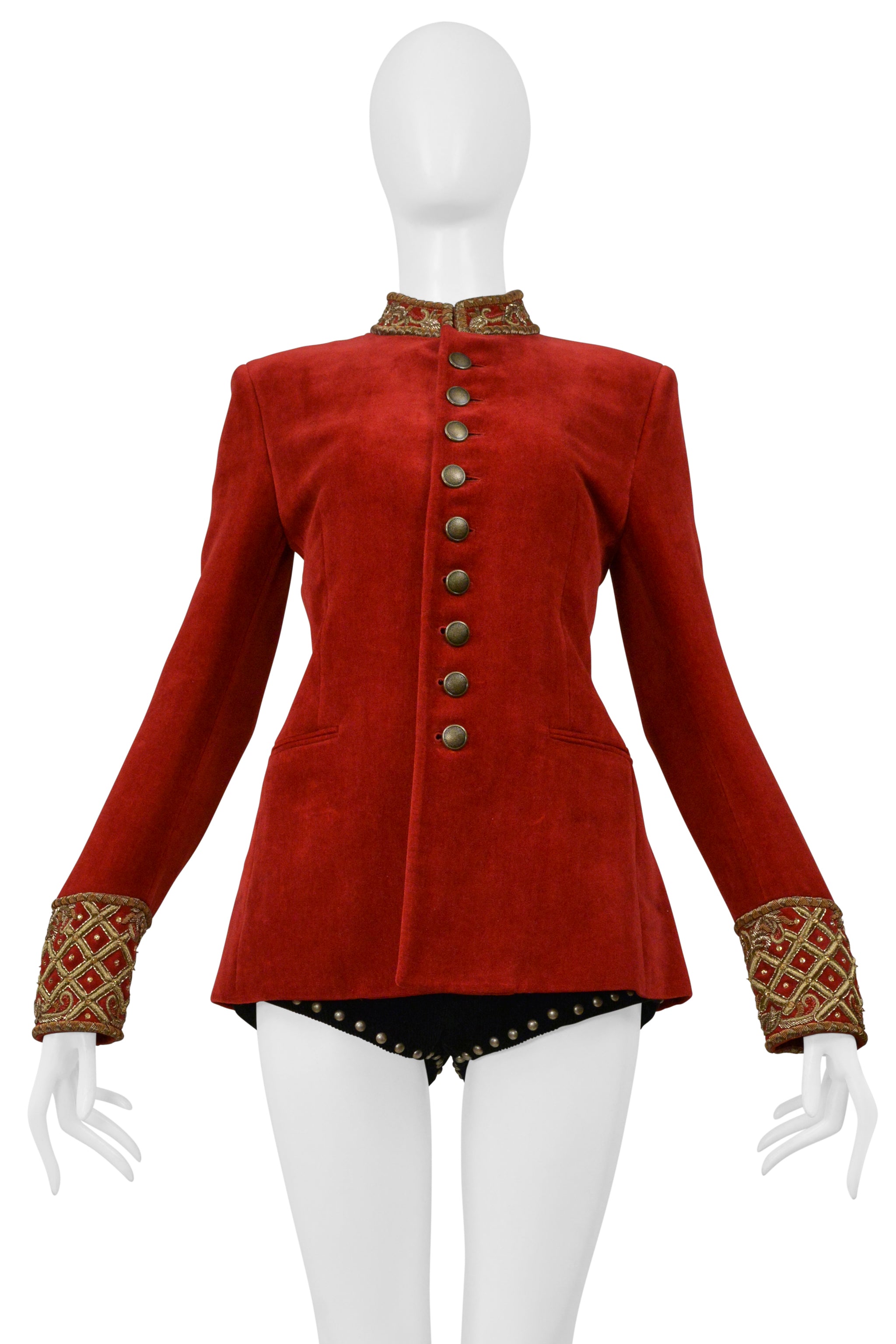 SAINT LAURENT PARIS RED VELVET JACKET AND BLACK CORDUROY STAR SHORTS ENSEMBLE 2018