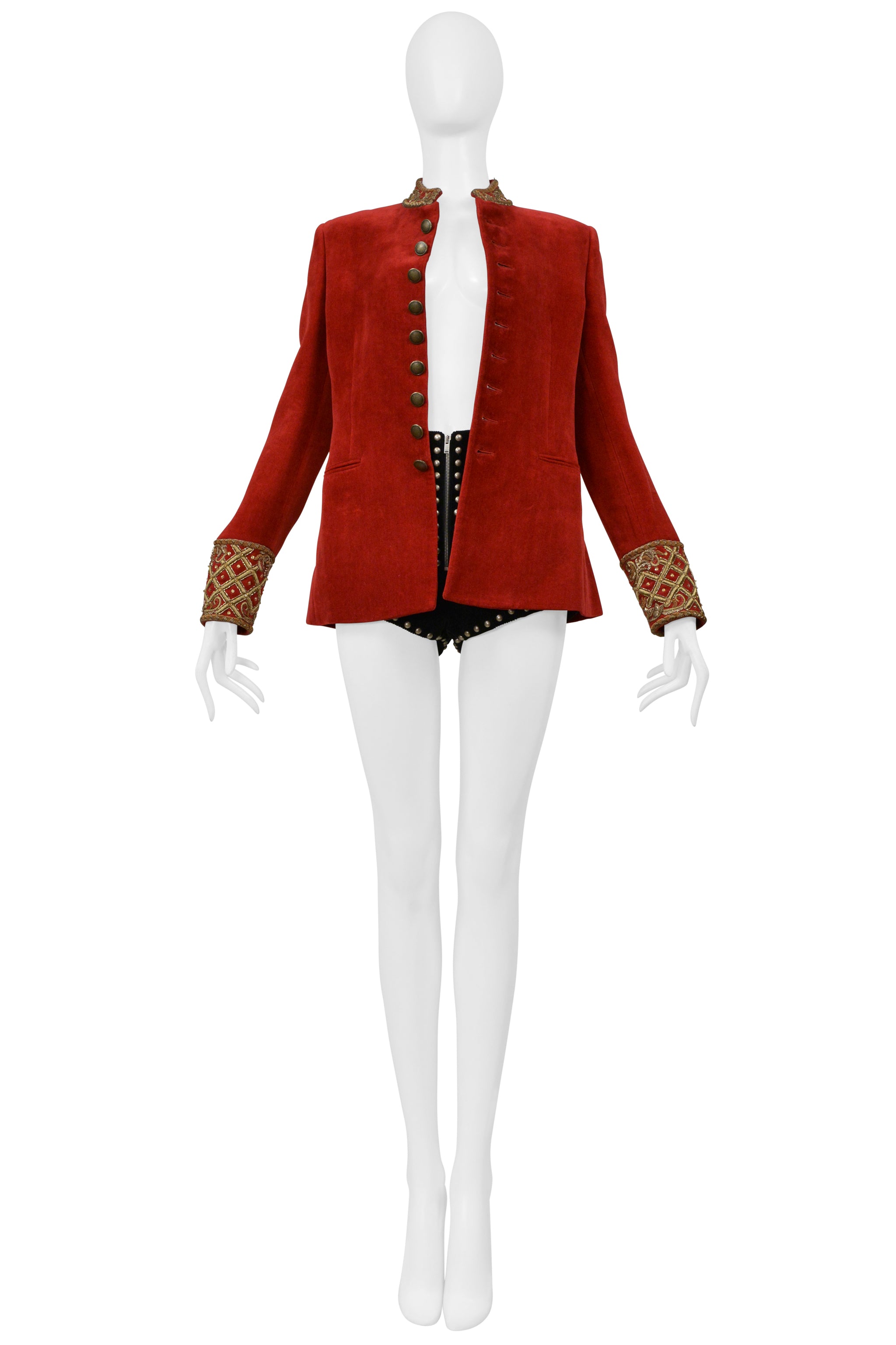 SAINT LAURENT PARIS RED VELVET JACKET AND BLACK CORDUROY STAR SHORTS ENSEMBLE 2018