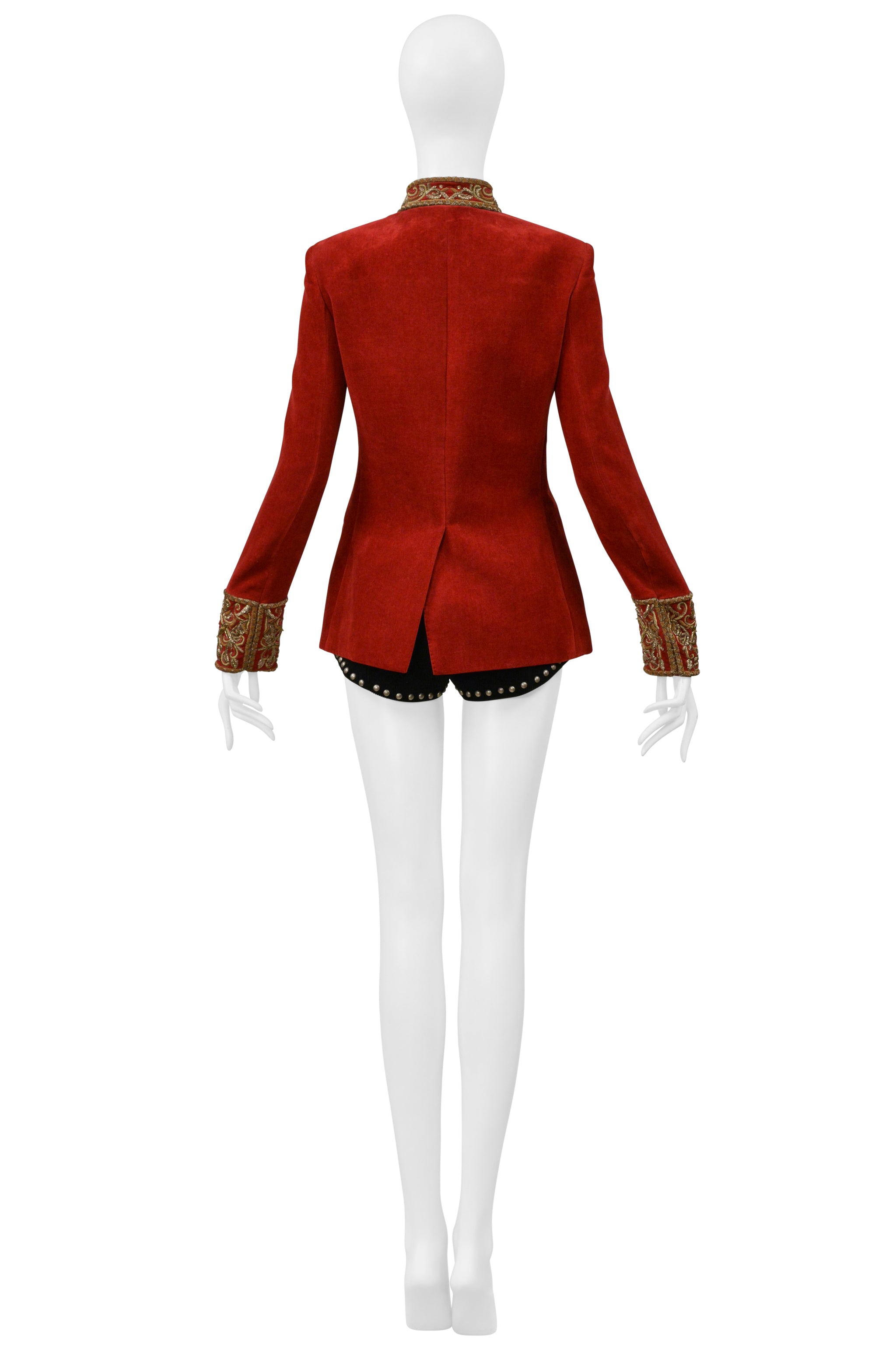 SAINT LAURENT PARIS RED VELVET JACKET AND BLACK CORDUROY STAR SHORTS ENSEMBLE 2018