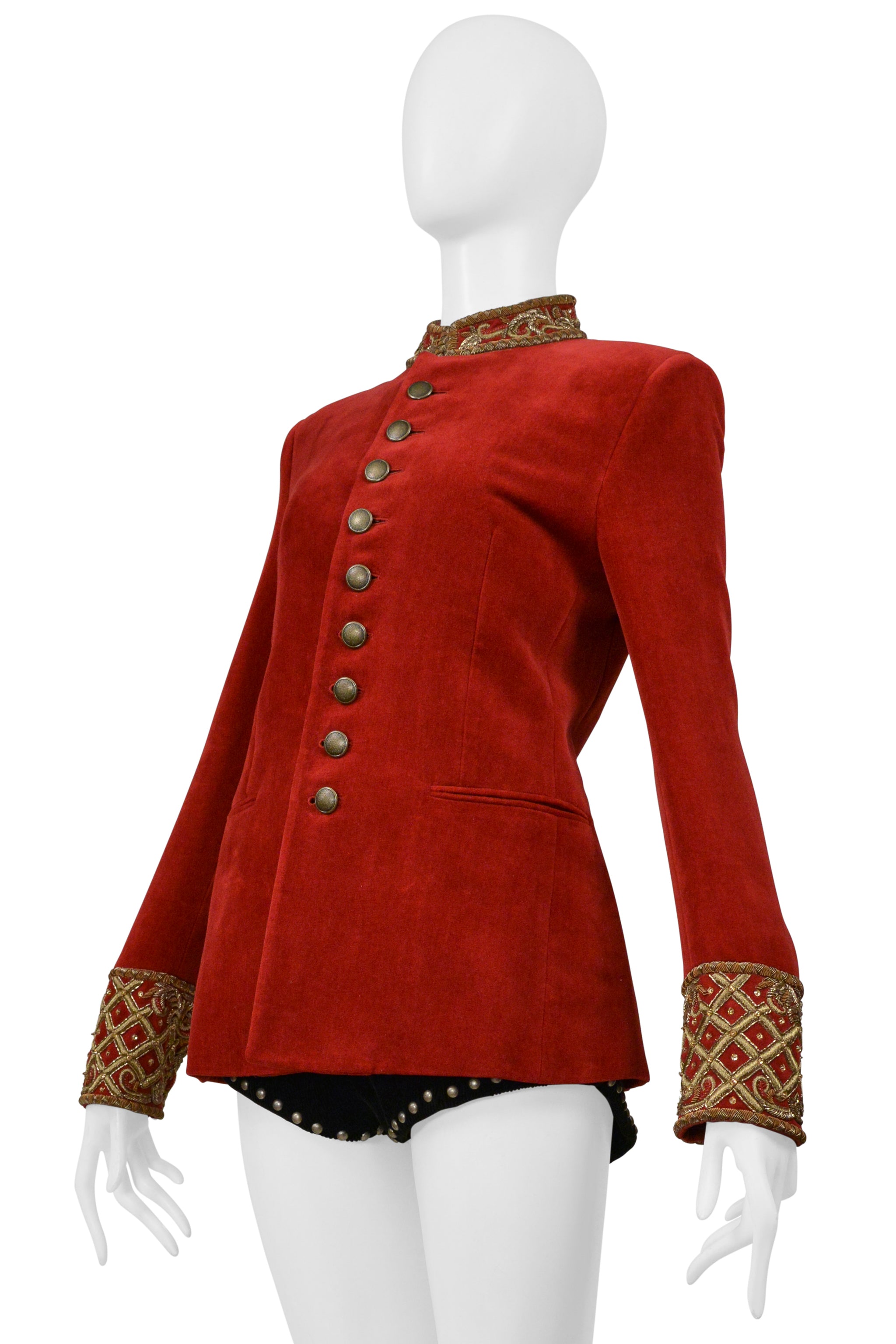 SAINT LAURENT PARIS RED VELVET JACKET AND BLACK CORDUROY STAR SHORTS ENSEMBLE 2018