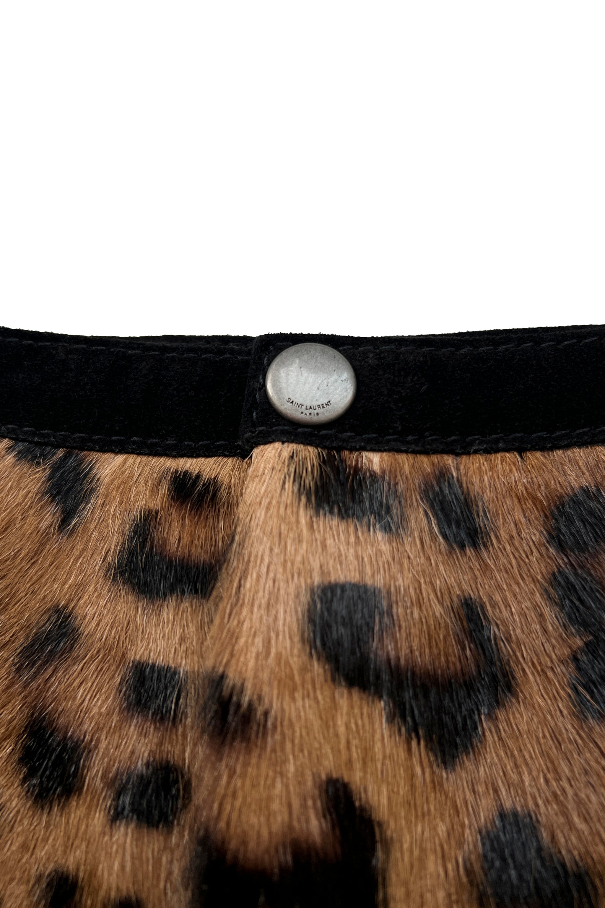 SAINT LAURENT PARIS LEOPARD PRINT PONY HAIR SHORTS WITH SUEDE TRIM 2019