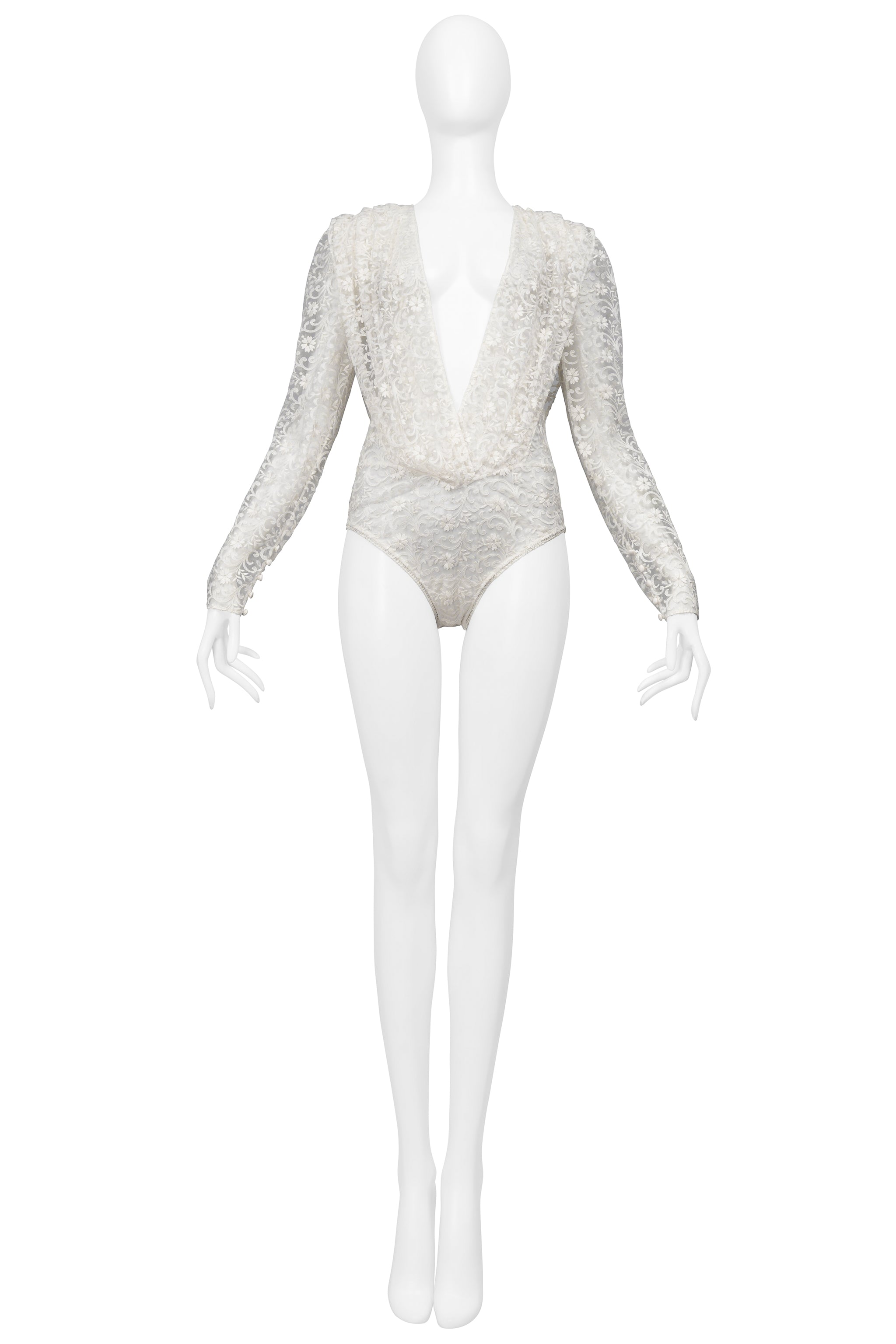 SAINT LAURENT PARIS WHITE LACE BODYSUIT WITH DEEP V NECK 2020