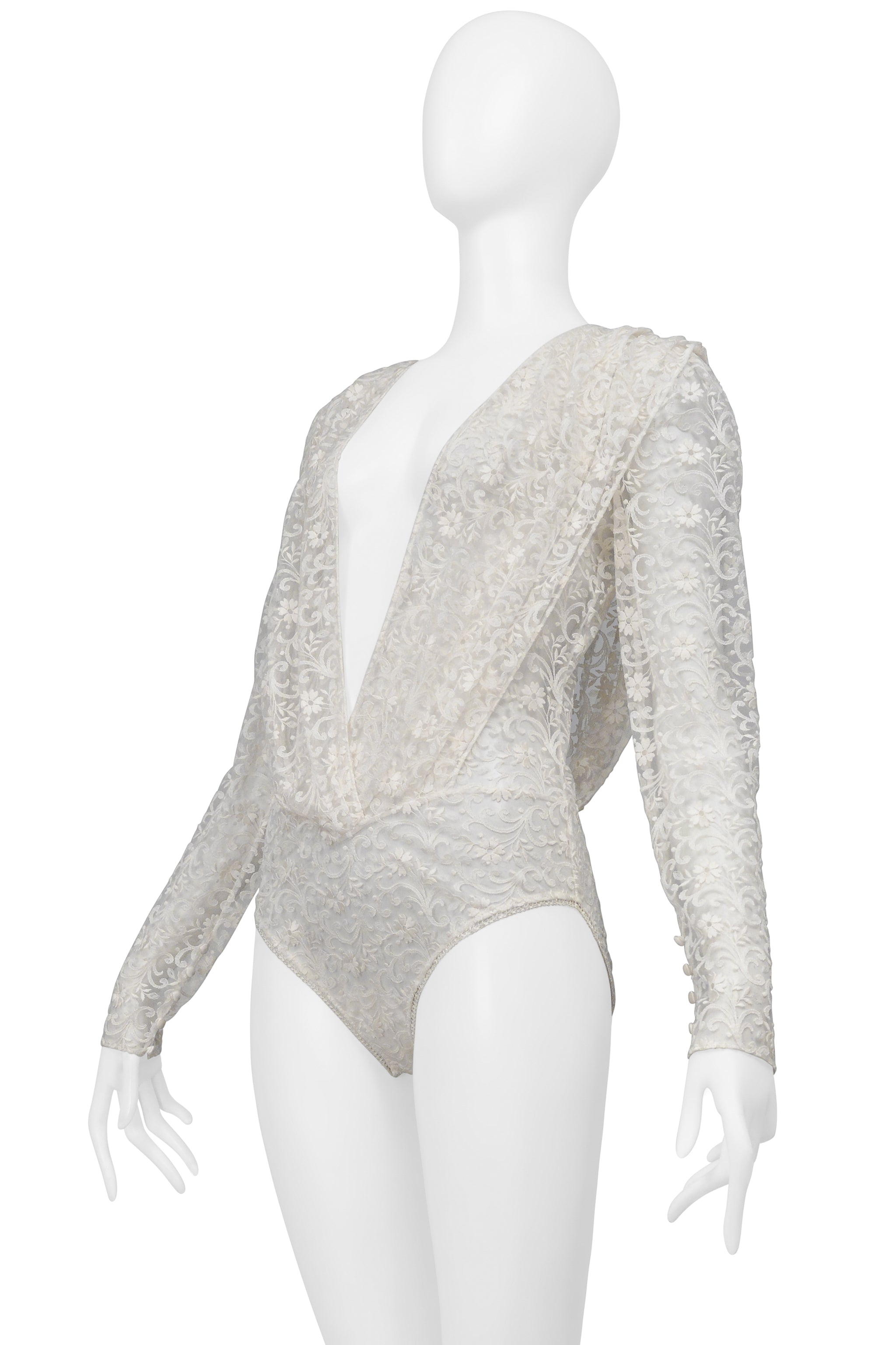 SAINT LAURENT PARIS WHITE LACE BODYSUIT WITH DEEP V NECK 2020