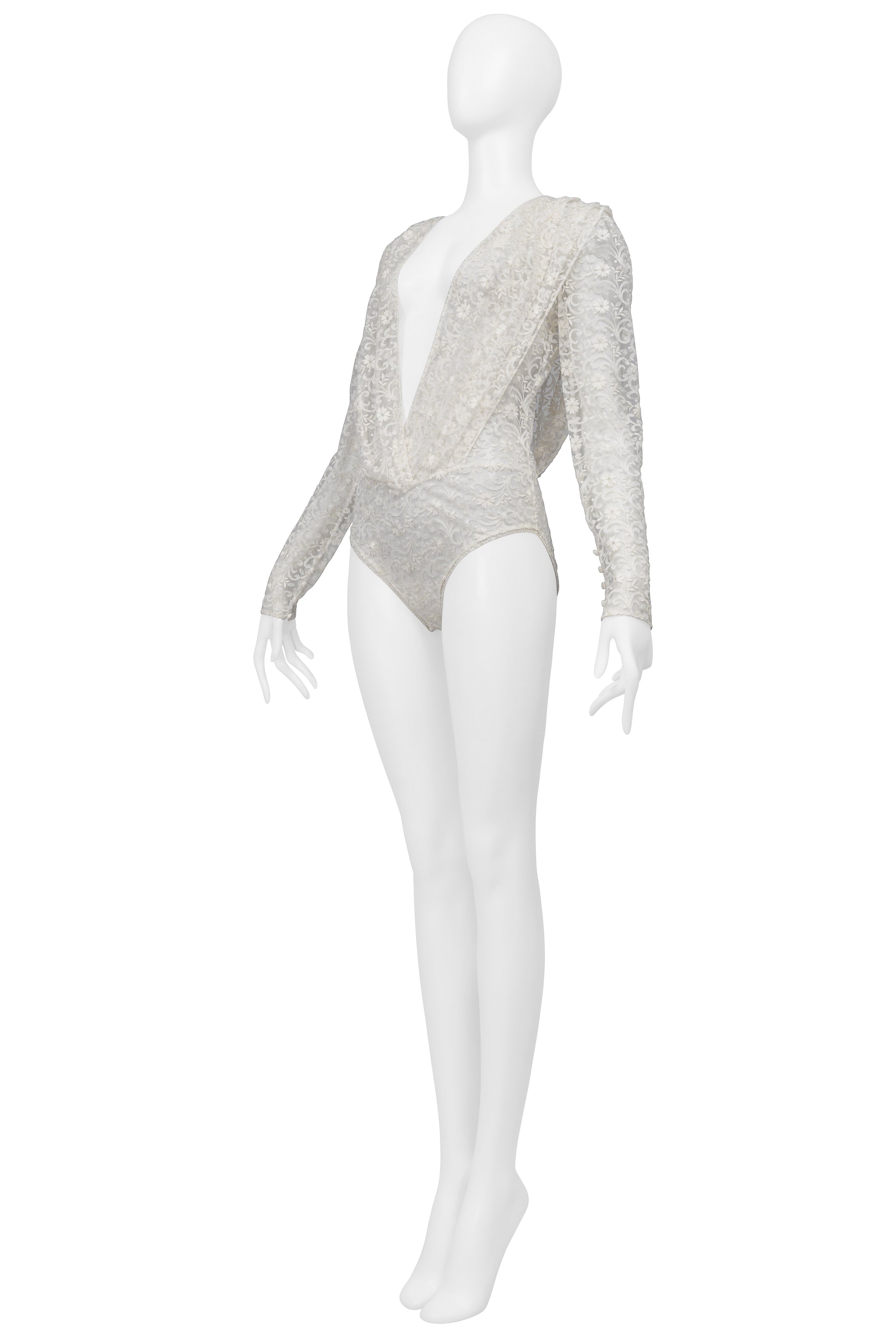 SAINT LAURENT PARIS WHITE LACE BODYSUIT WITH DEEP V NECK 2020