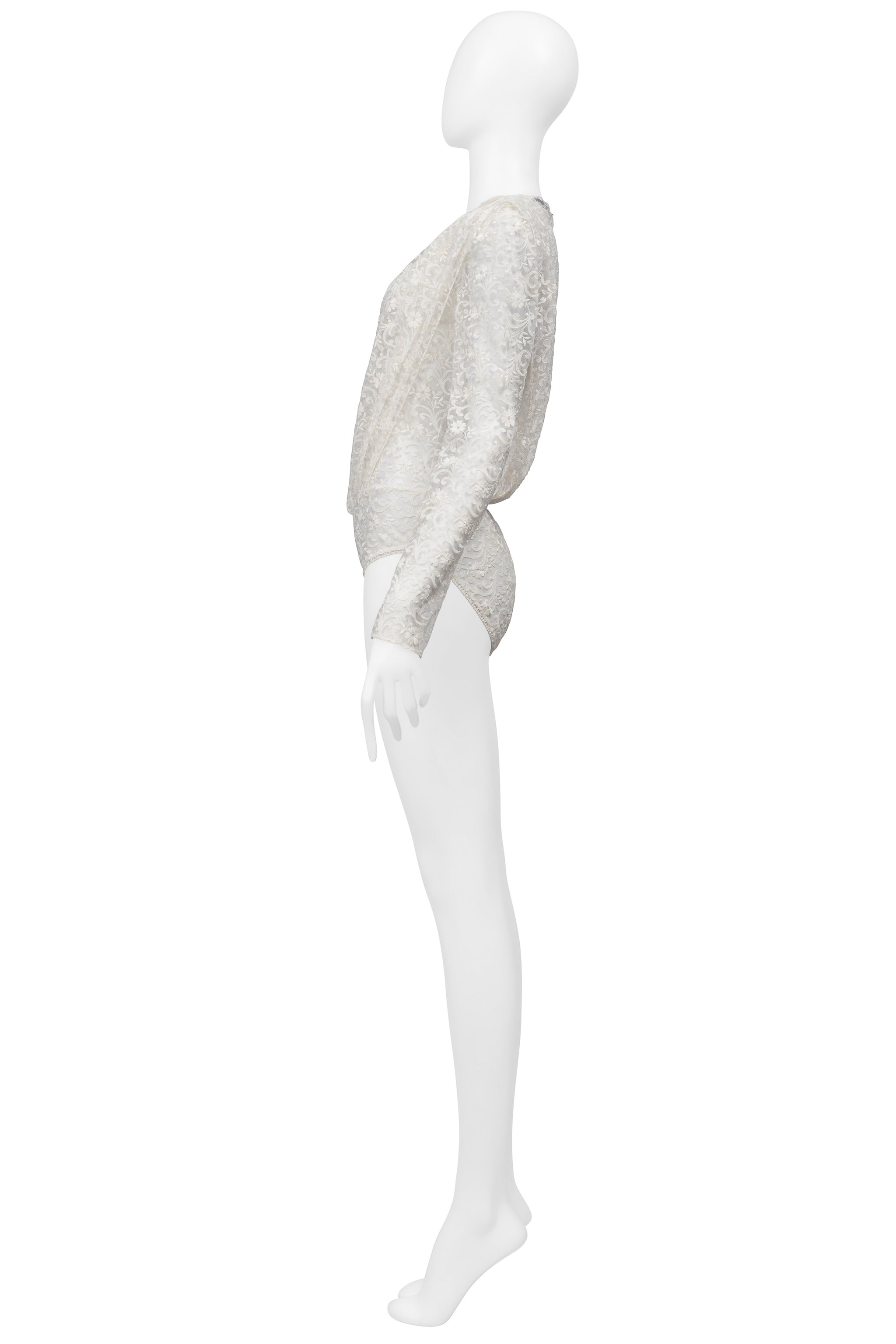SAINT LAURENT PARIS WHITE LACE BODYSUIT WITH DEEP V NECK 2020
