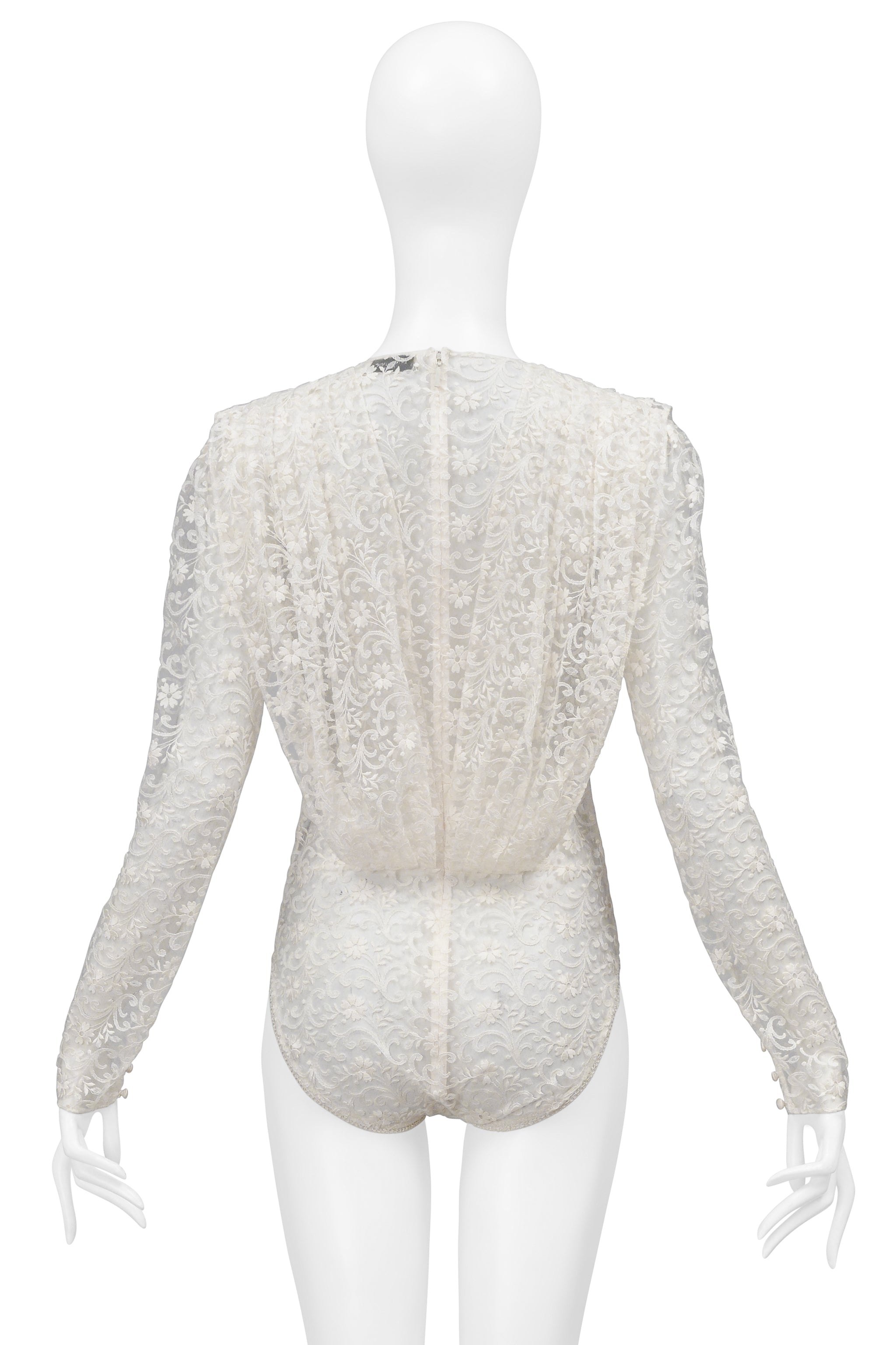 SAINT LAURENT PARIS WHITE LACE BODYSUIT WITH DEEP V NECK 2020