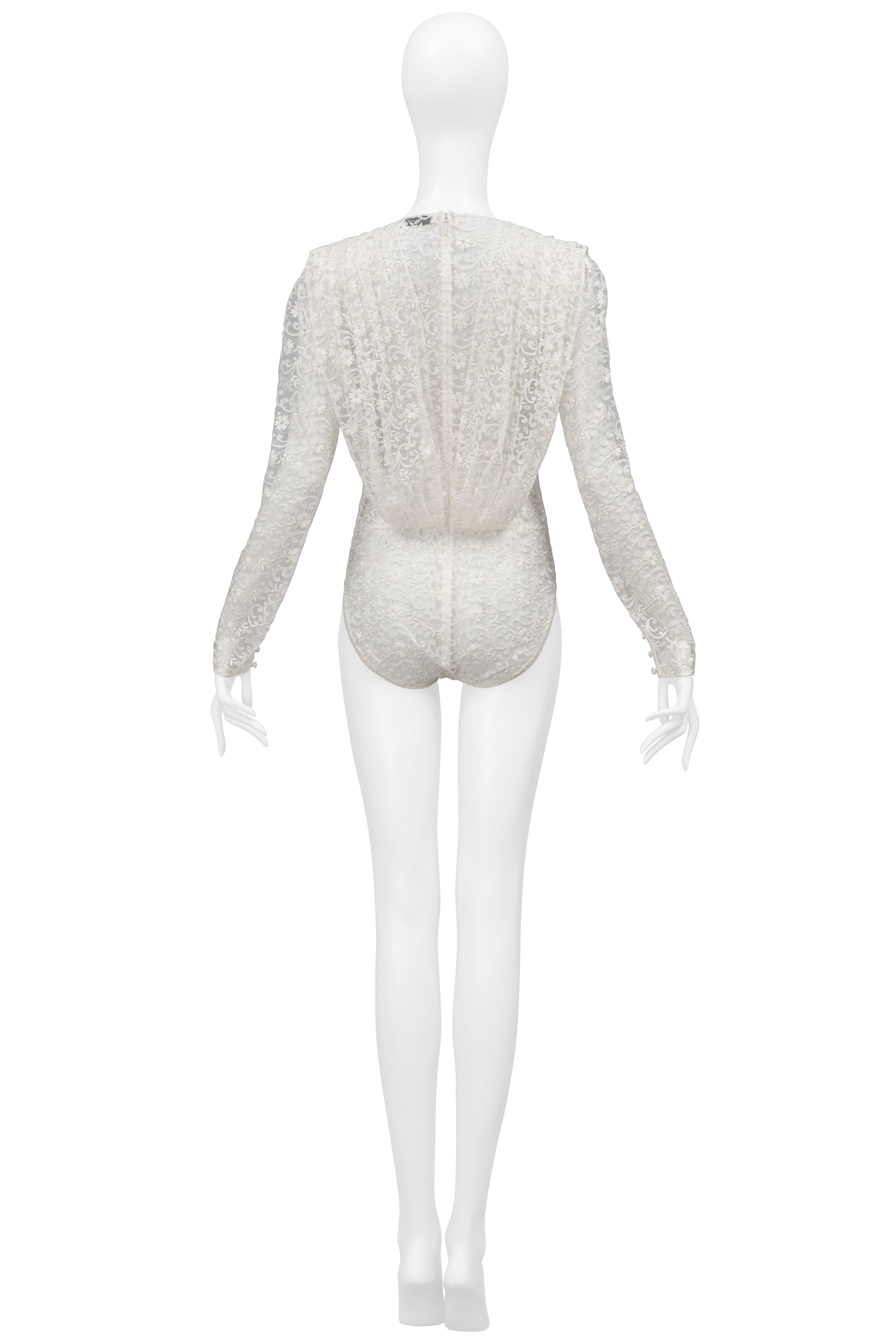SAINT LAURENT PARIS WHITE LACE BODYSUIT WITH DEEP V NECK 2020