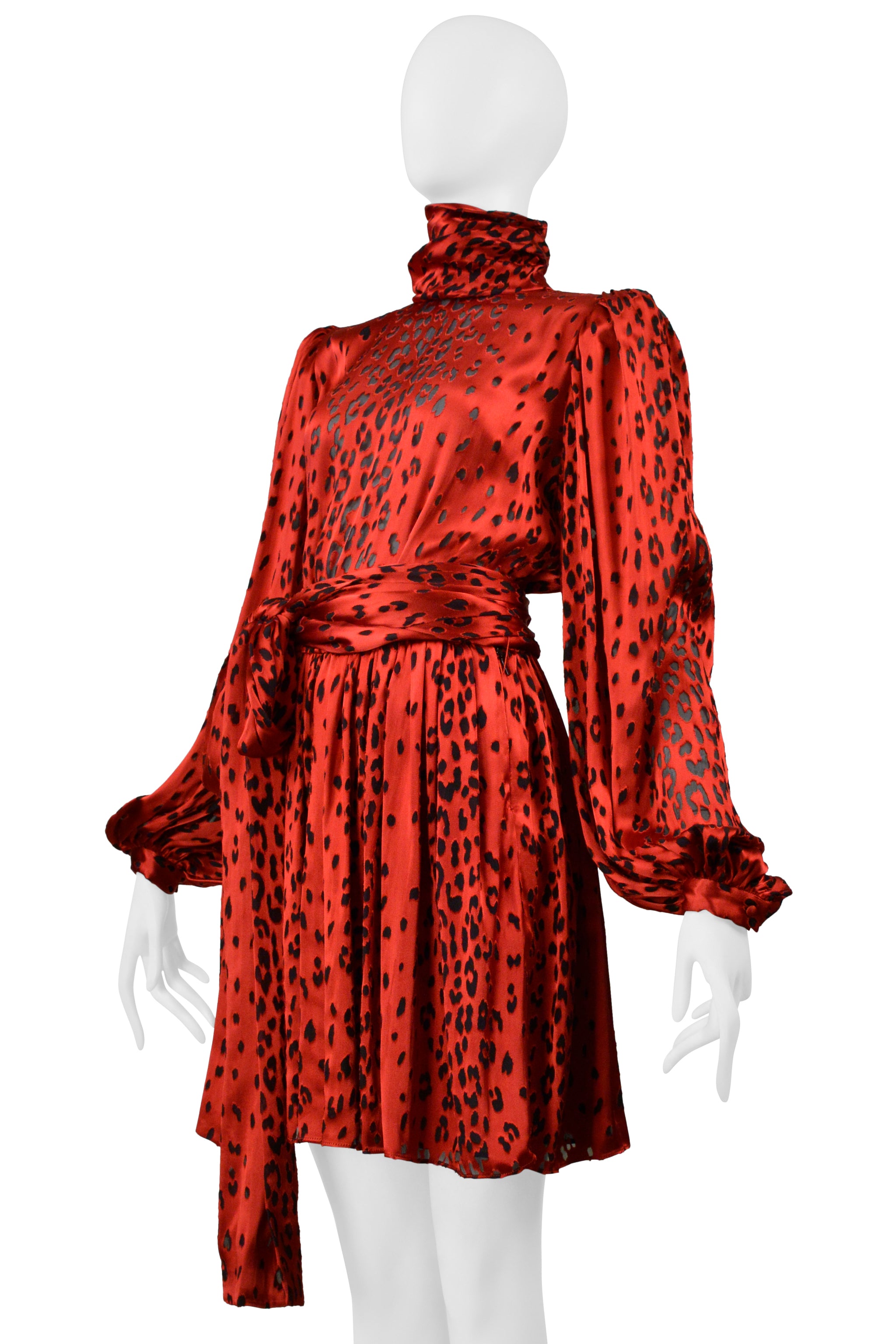 SAINT LAURENT PARIS RED SILK DRESS WITH LEOPARD PRINT 2021