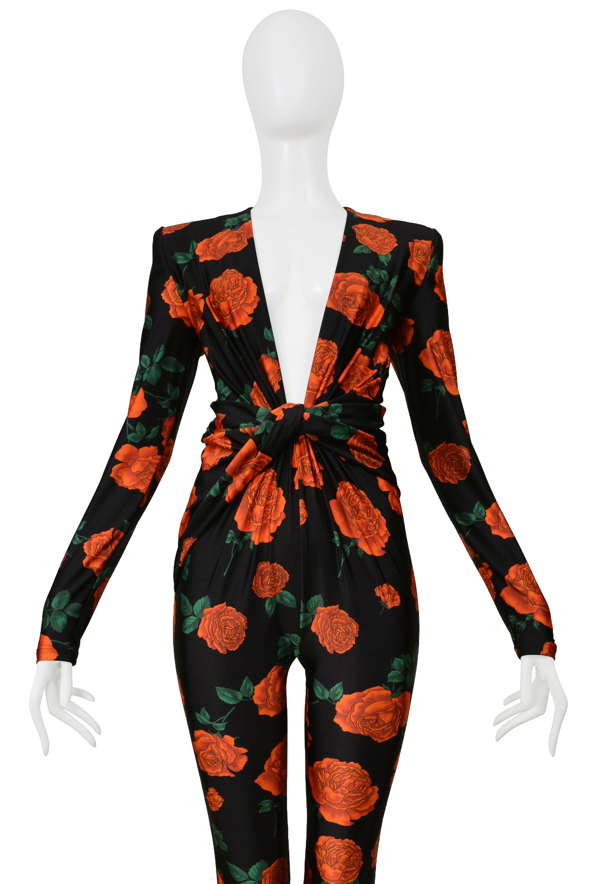 SAINT LAURENT PARIS BLACK JUMPSUIT WITH RED ROSE PRINT
