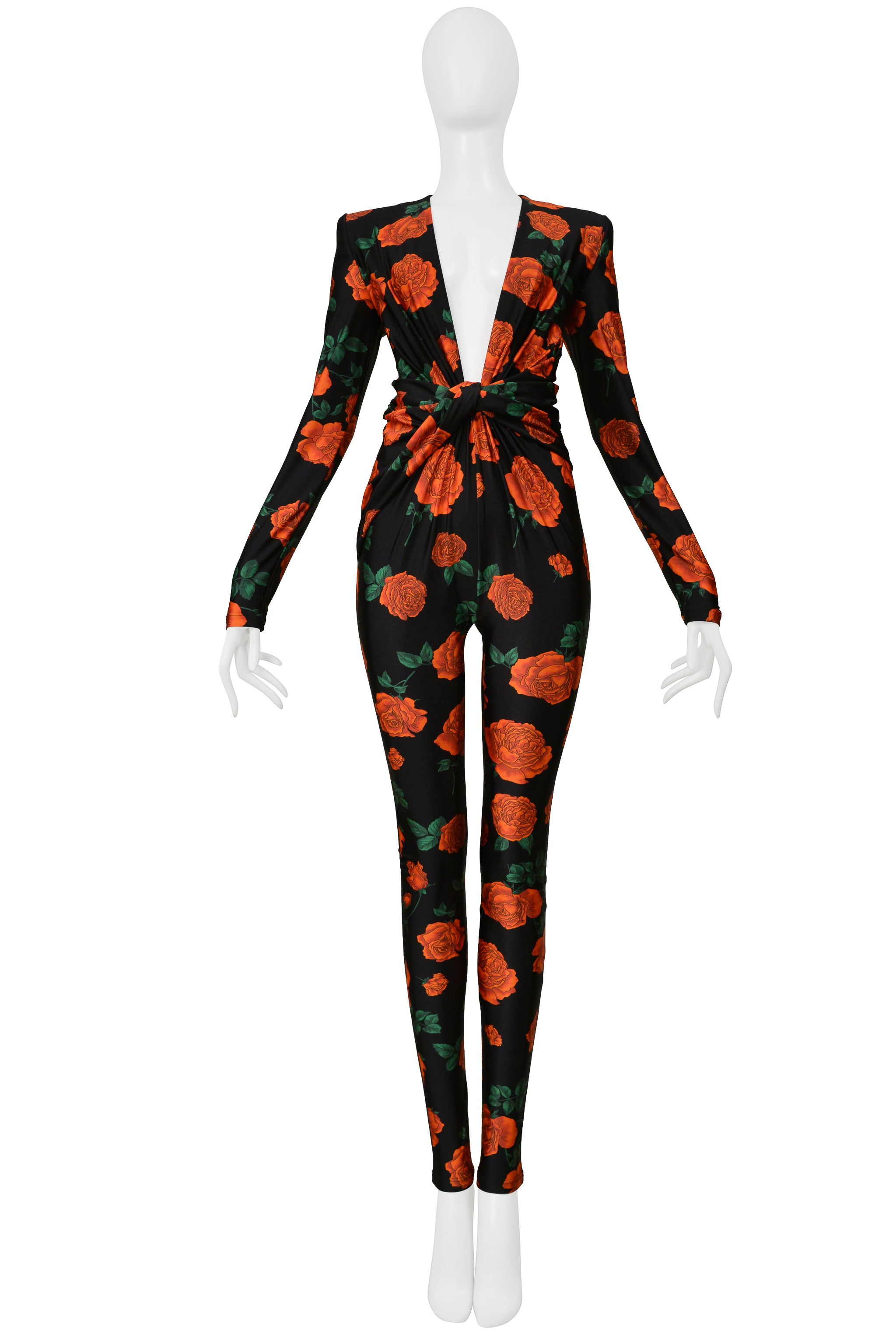 SAINT LAURENT PARIS BLACK JUMPSUIT WITH RED ROSE PRINT