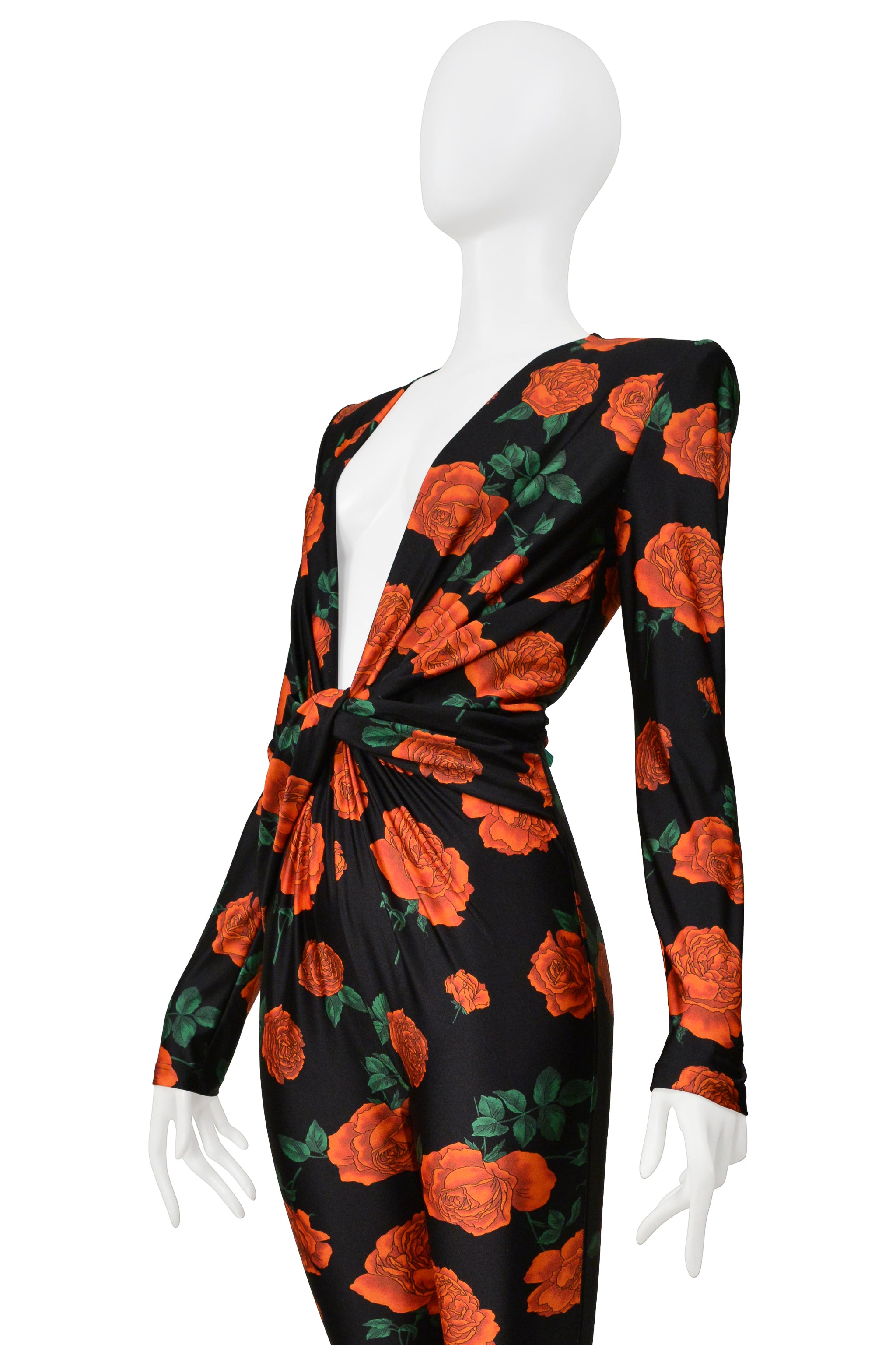 SAINT LAURENT PARIS BLACK JUMPSUIT WITH RED ROSE PRINT