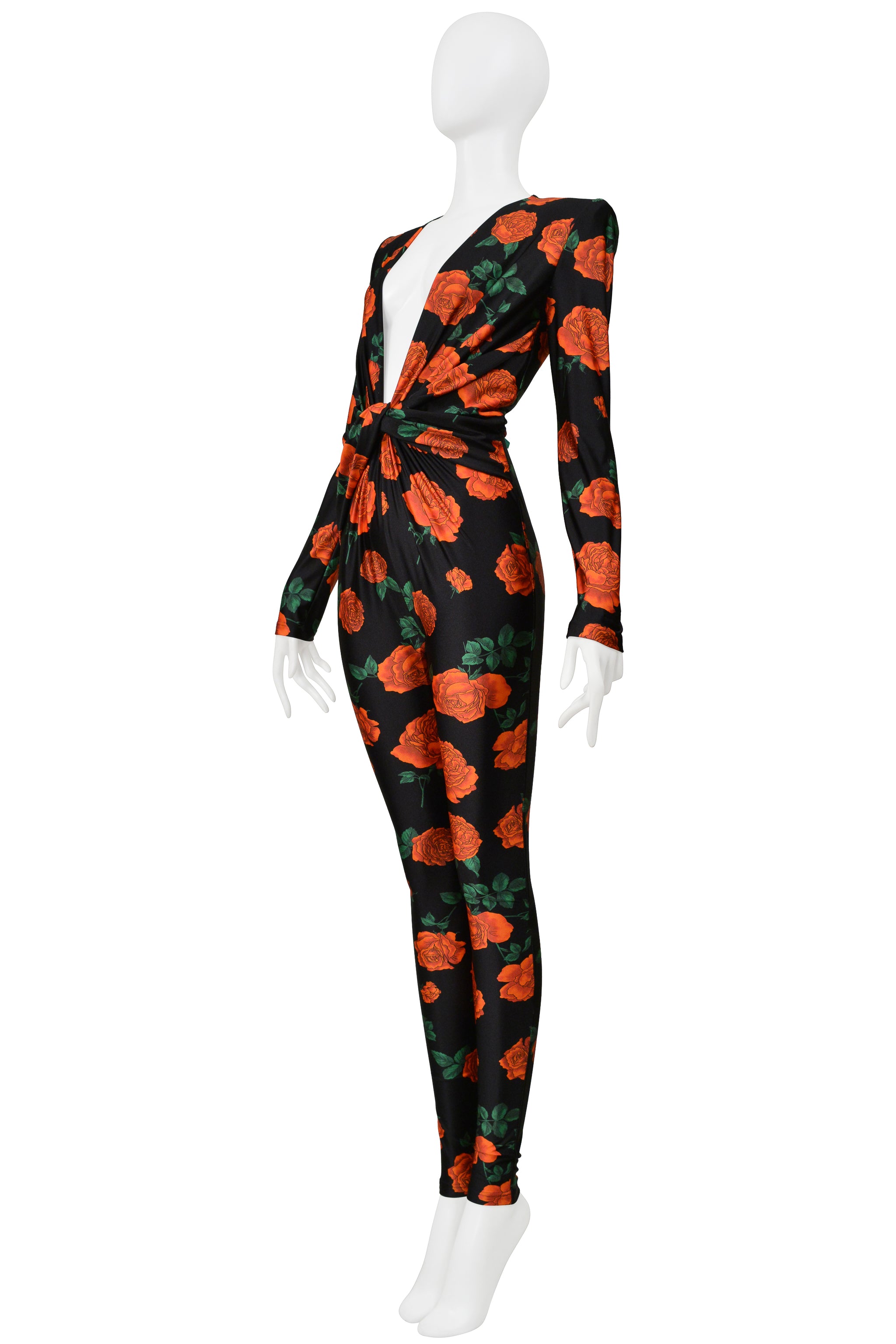 SAINT LAURENT PARIS BLACK JUMPSUIT WITH RED ROSE PRINT