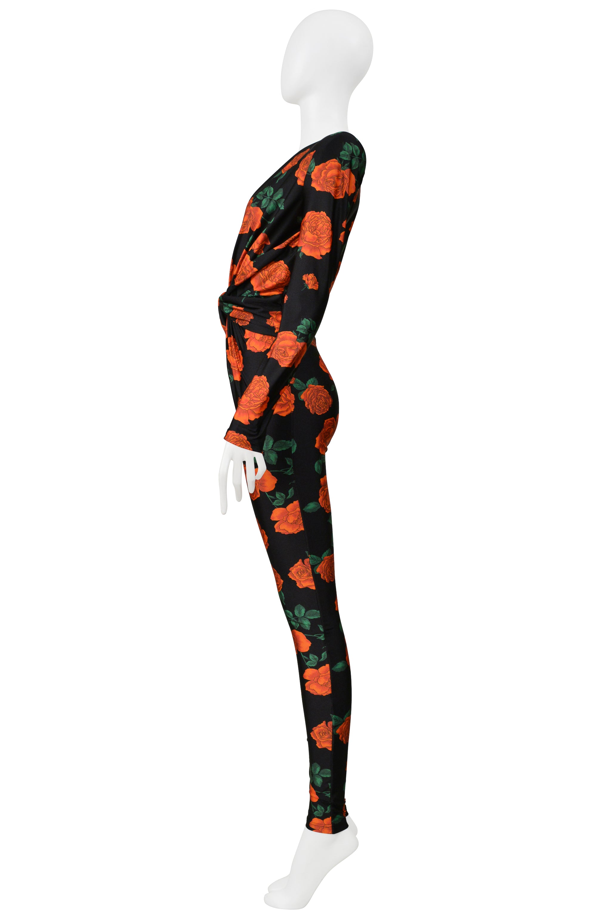 SAINT LAURENT PARIS BLACK JUMPSUIT WITH RED ROSE PRINT