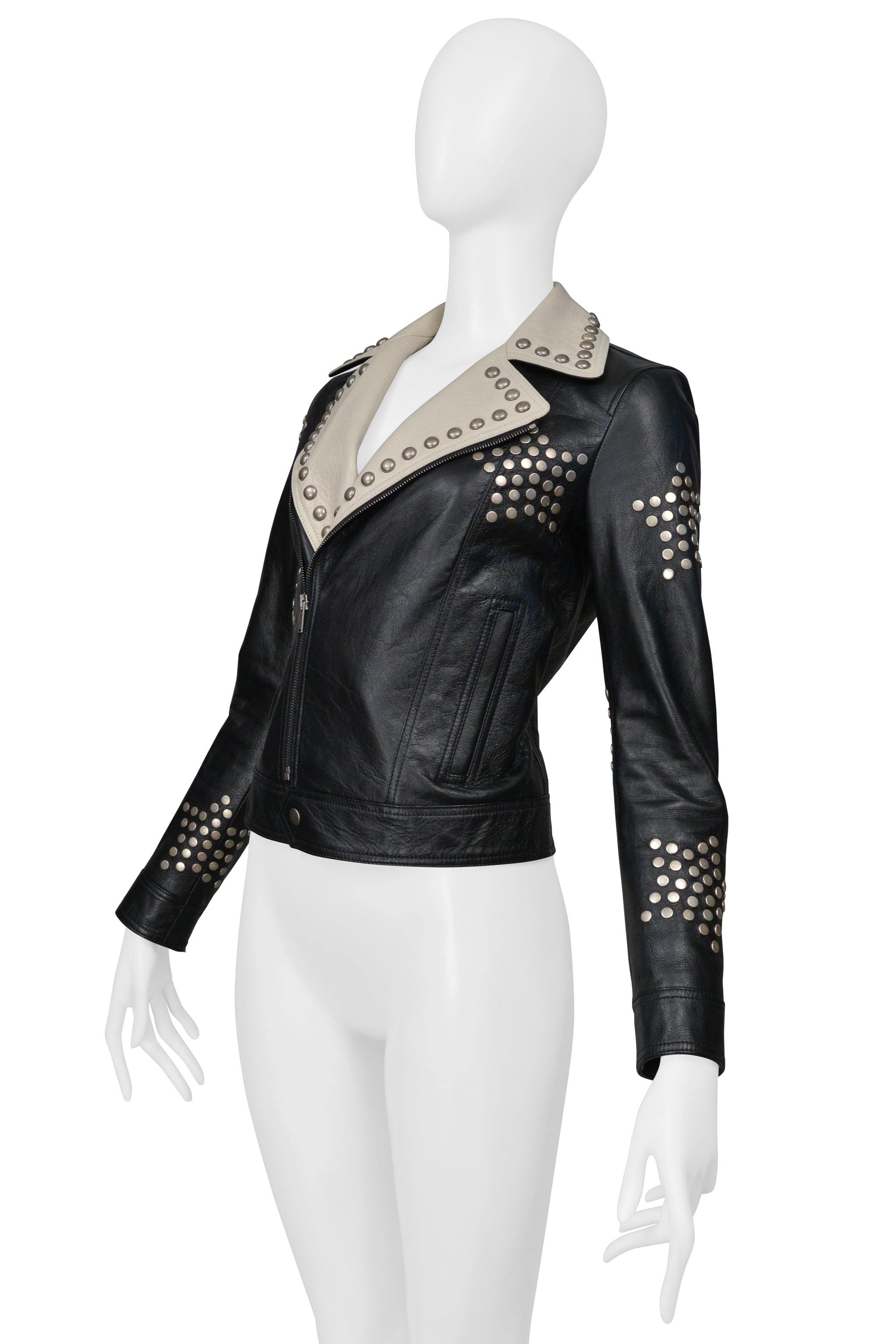 SAINT LAURENT PARIS BLACK AND WHITE LEATHER JACKET WITH STUDS