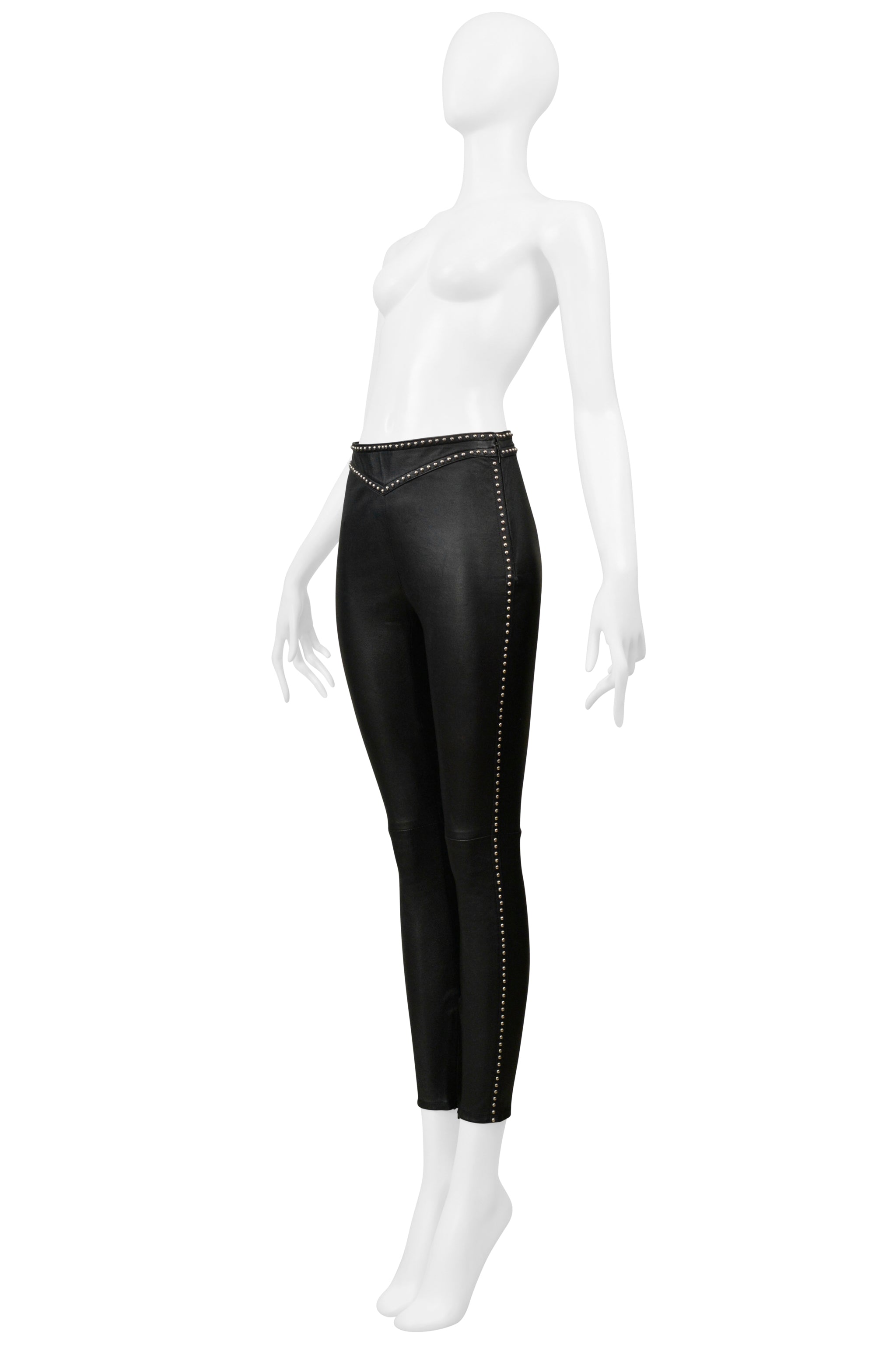 SAINT LAURENT PARIS BLACK LEATHER ROCK-N-ROLL PANTS WITH STUDS