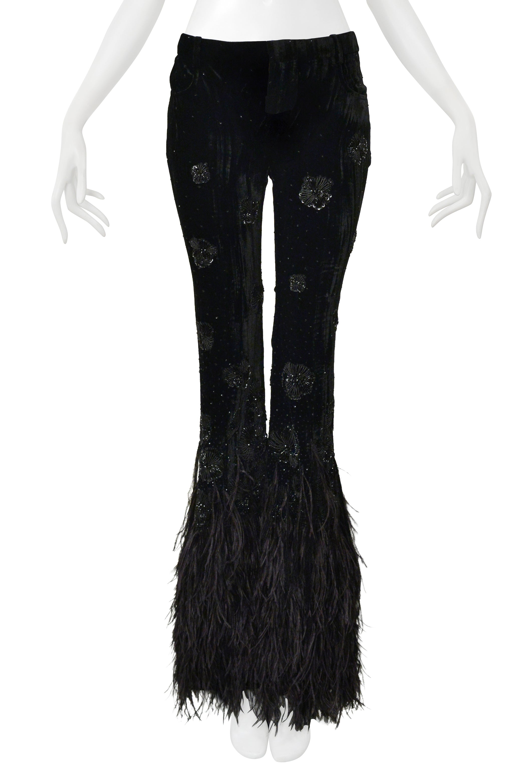 SAINT LAURENT PARIS BLACK VELVET AND FEATHER FLARE PANTS WITH INTRICATE BEADING 2022