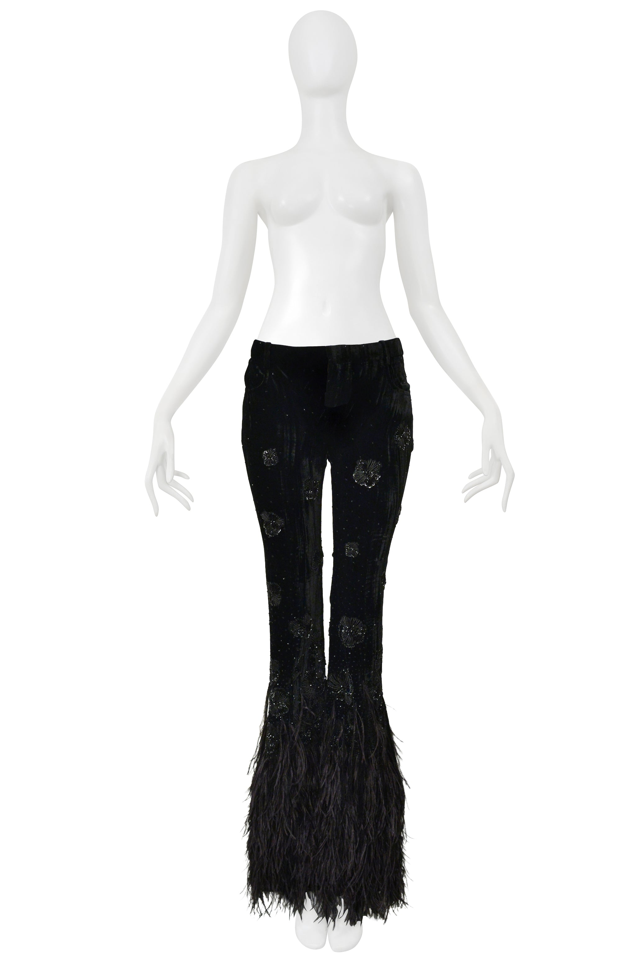 SAINT LAURENT PARIS BLACK VELVET AND FEATHER FLARE PANTS WITH INTRICATE BEADING 2022