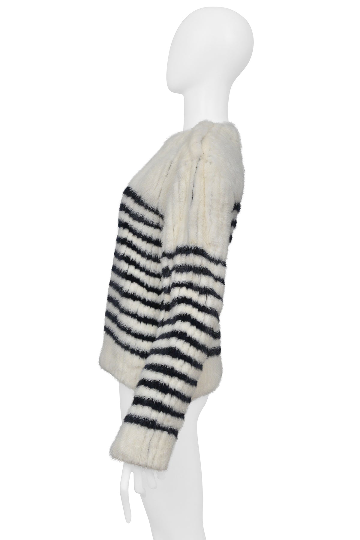 SAINT LAURENT PARIS WHITE FUR SWEATER WITH BLACK STRIPES AND SNAPS AT SHOULDER