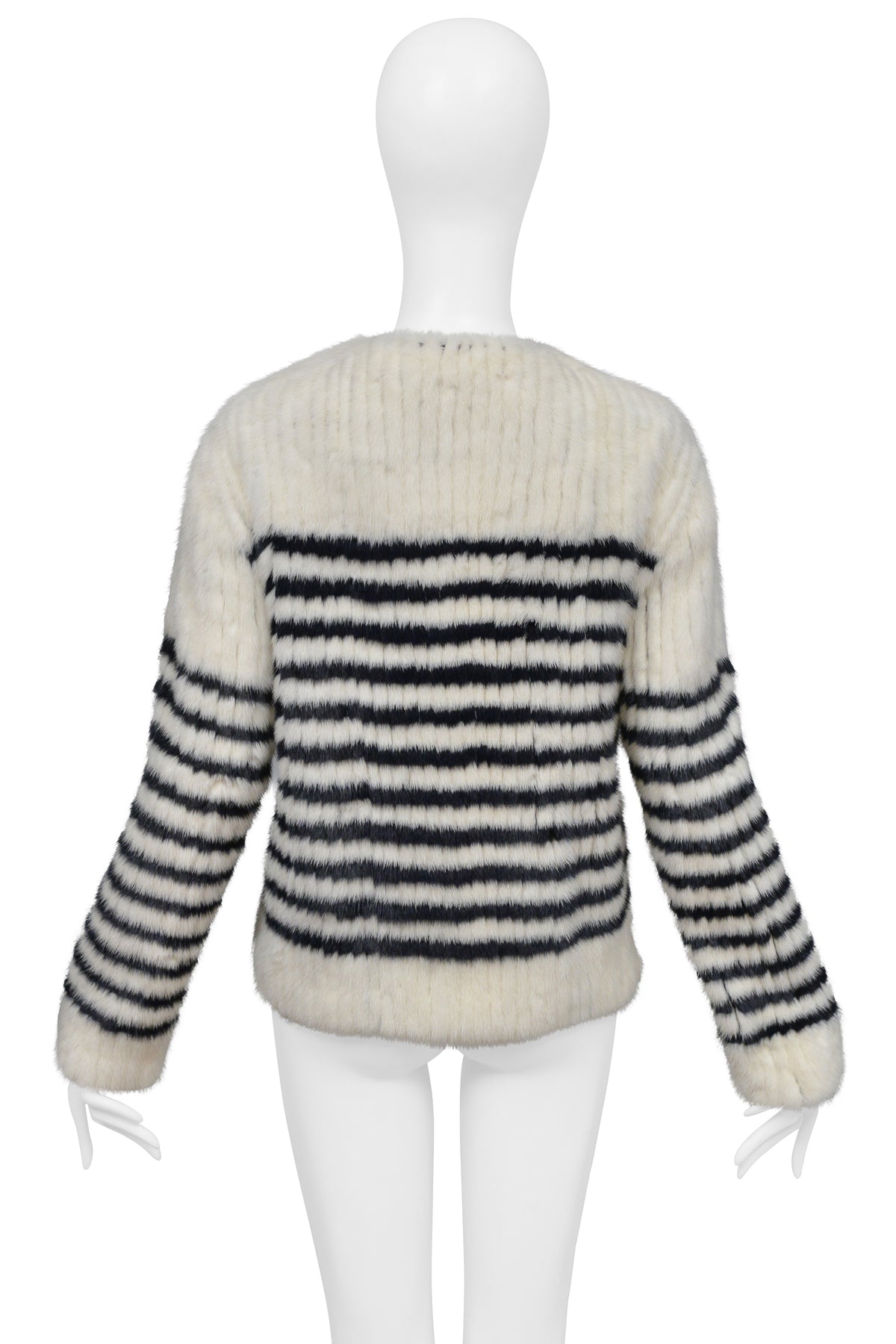 SAINT LAURENT PARIS WHITE FUR SWEATER WITH BLACK STRIPES AND SNAPS AT SHOULDER