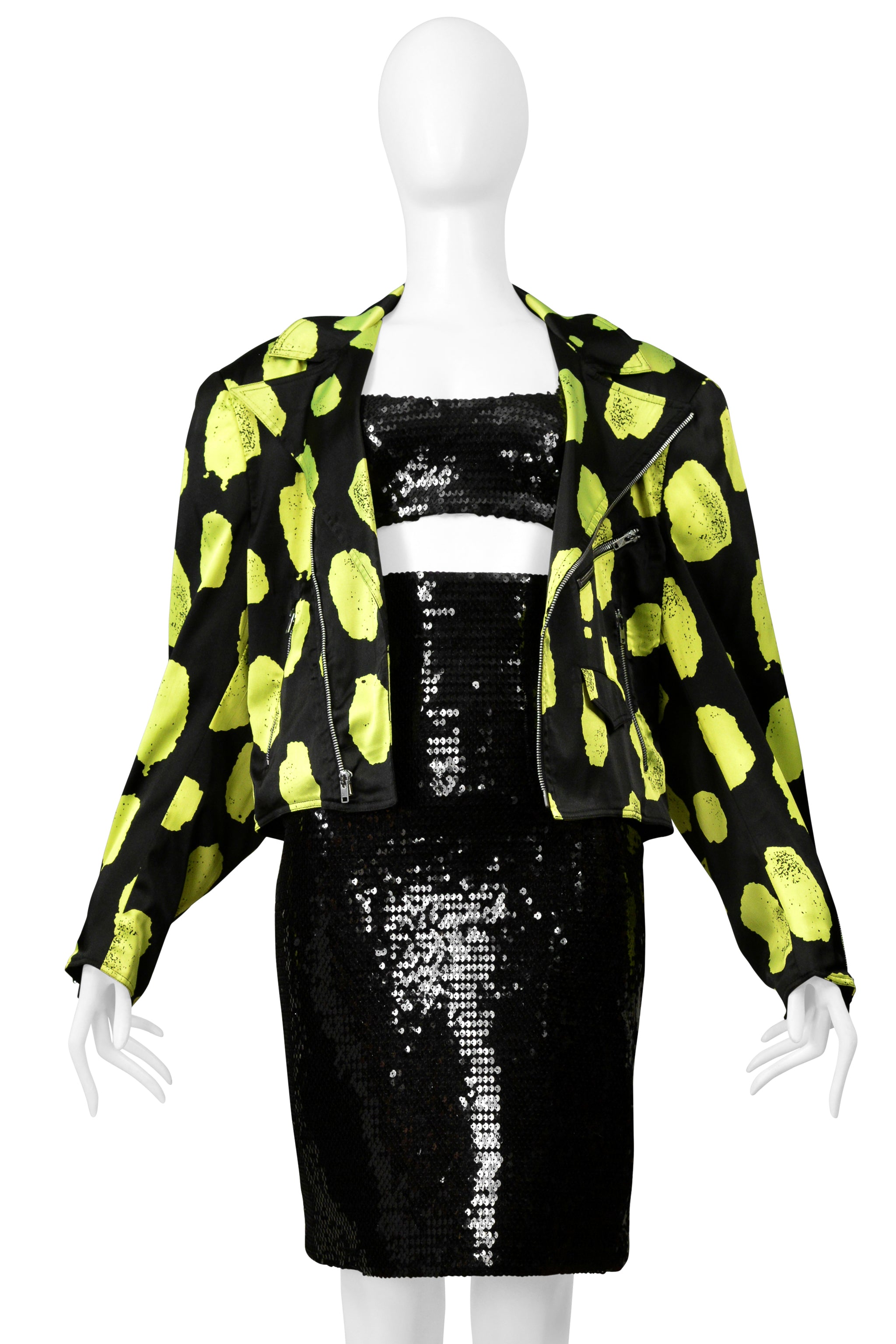 STEPHEN SPROUSE BLACK SEQUIN BRA TOP AND HIGH WAISTED SKIRT ENSEMBLE 1988