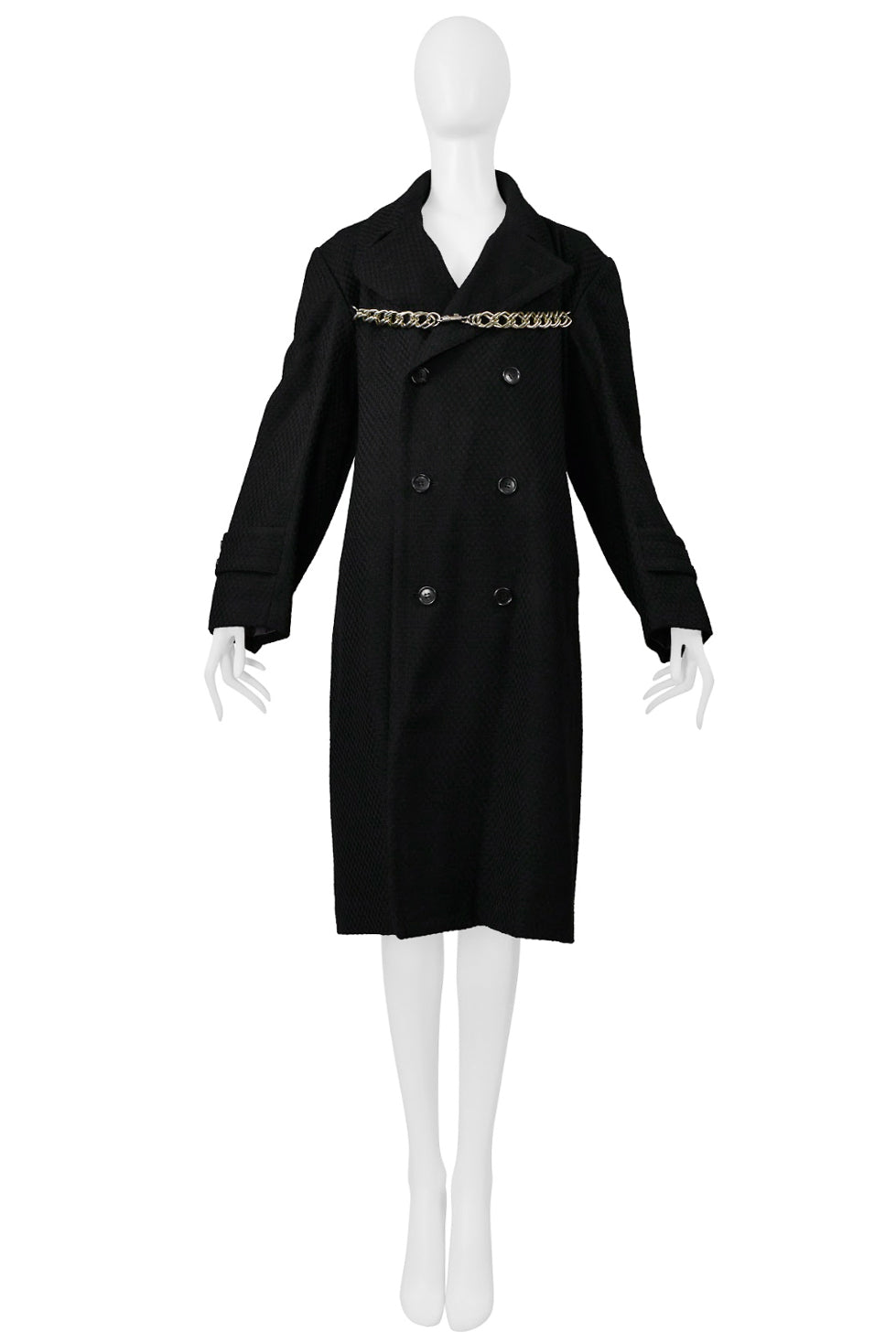 COMME DES GARCONS BLACK DOUBLE BREASTED DOUBLE COAT WITH CHAIN DETAIL 2000-2001