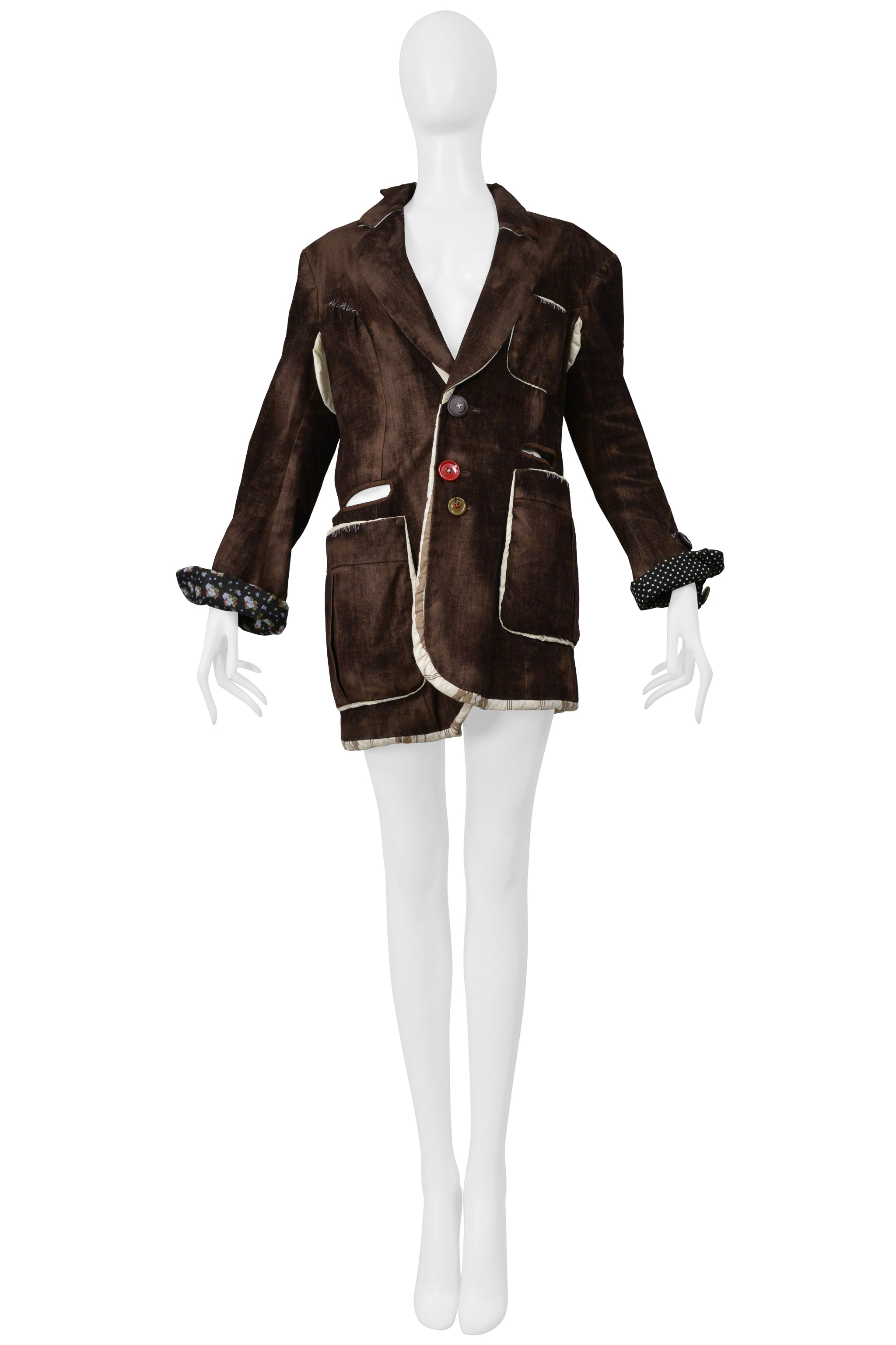 UNDERCOVER DECONSTRUCTED BROWN DISTRESSED VELVET JACKET WITH CUTOUTS 2004