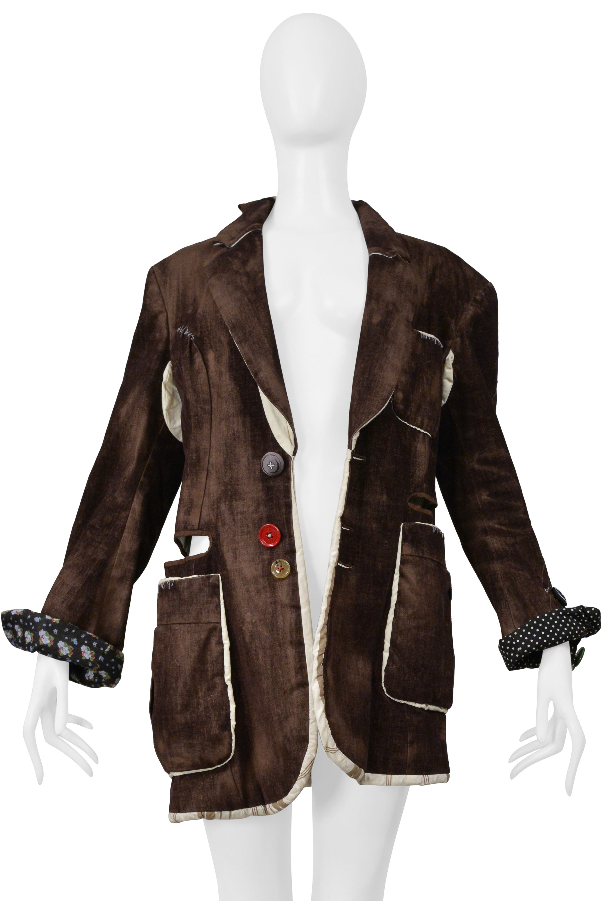 UNDERCOVER DECONSTRUCTED BROWN DISTRESSED VELVET JACKET WITH CUTOUTS 2004